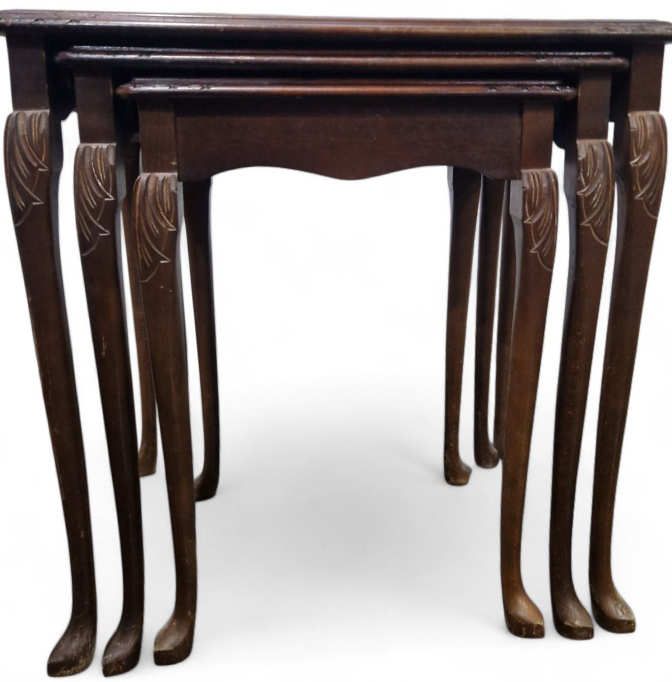 Carved Mahogany Nest Of 3 Tables Cabriole Leg Side Lamp Occasional Tables photo vinterior