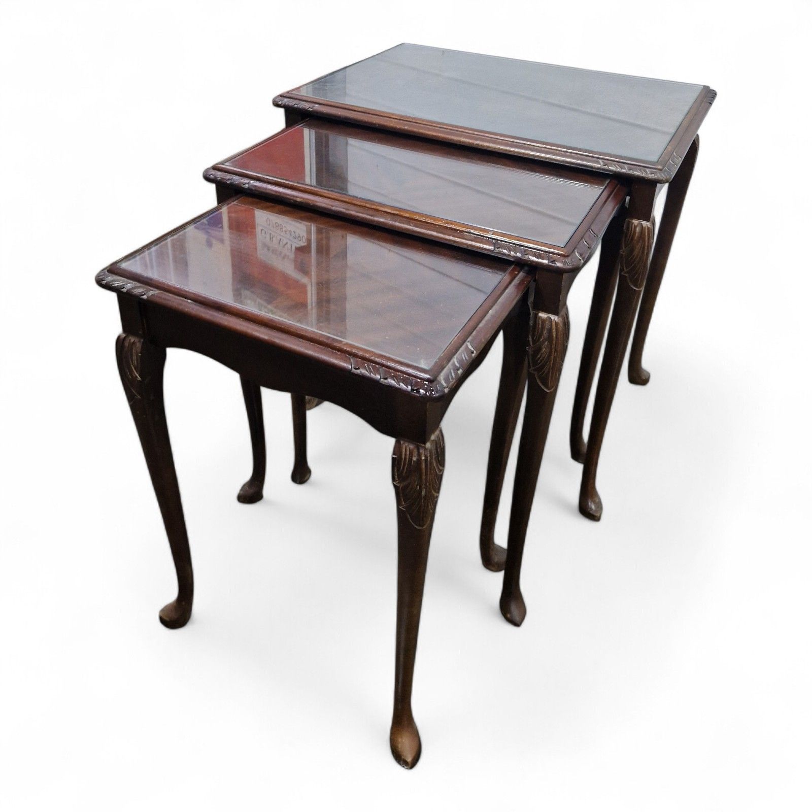 photo for sale Carved Mahogany Nest Of 3 Tables Cabriole Leg Side Lamp Occasional Tables