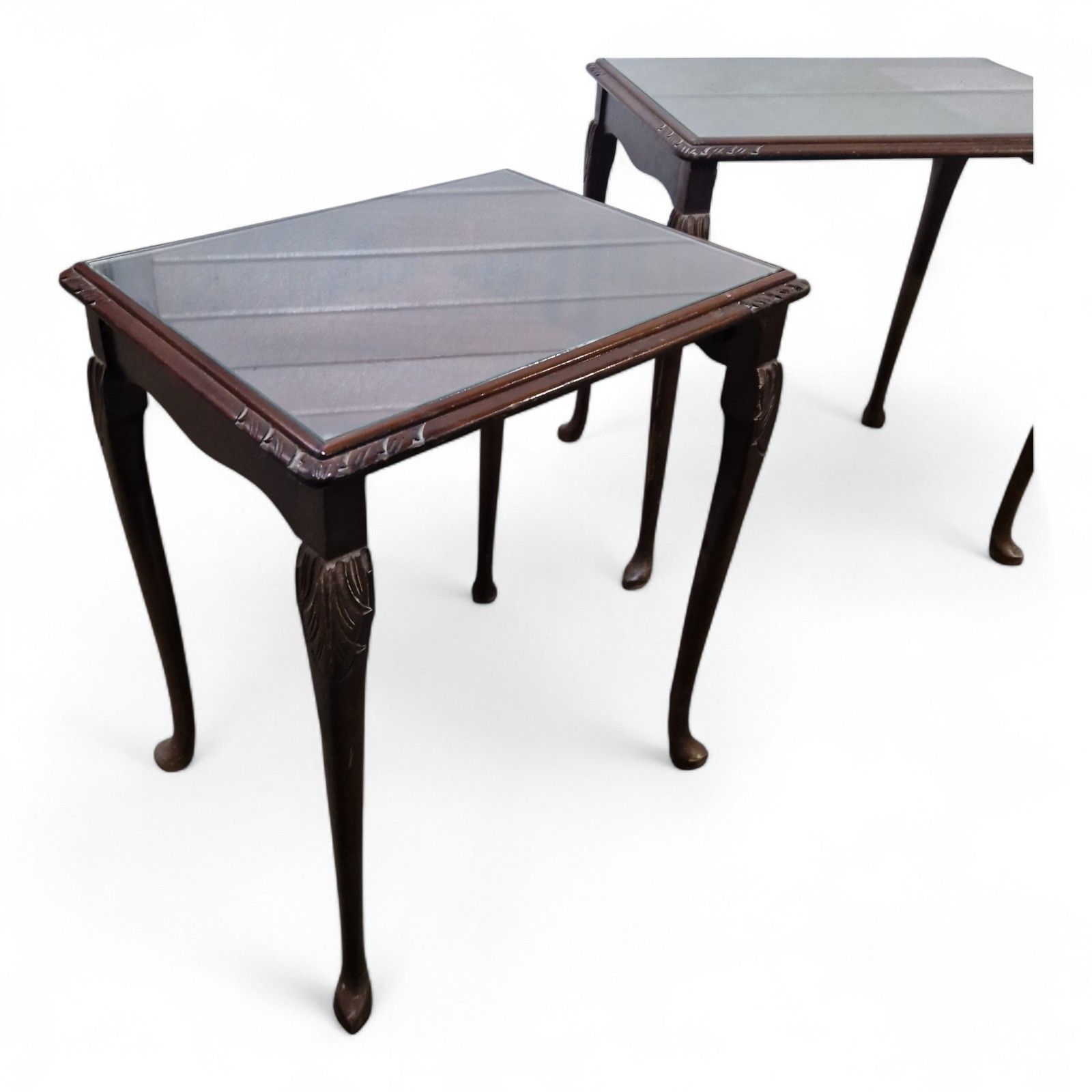Furniture Carved Mahogany Nest Of 3 Tables Cabriole Leg Side Lamp Occasional Tables photo