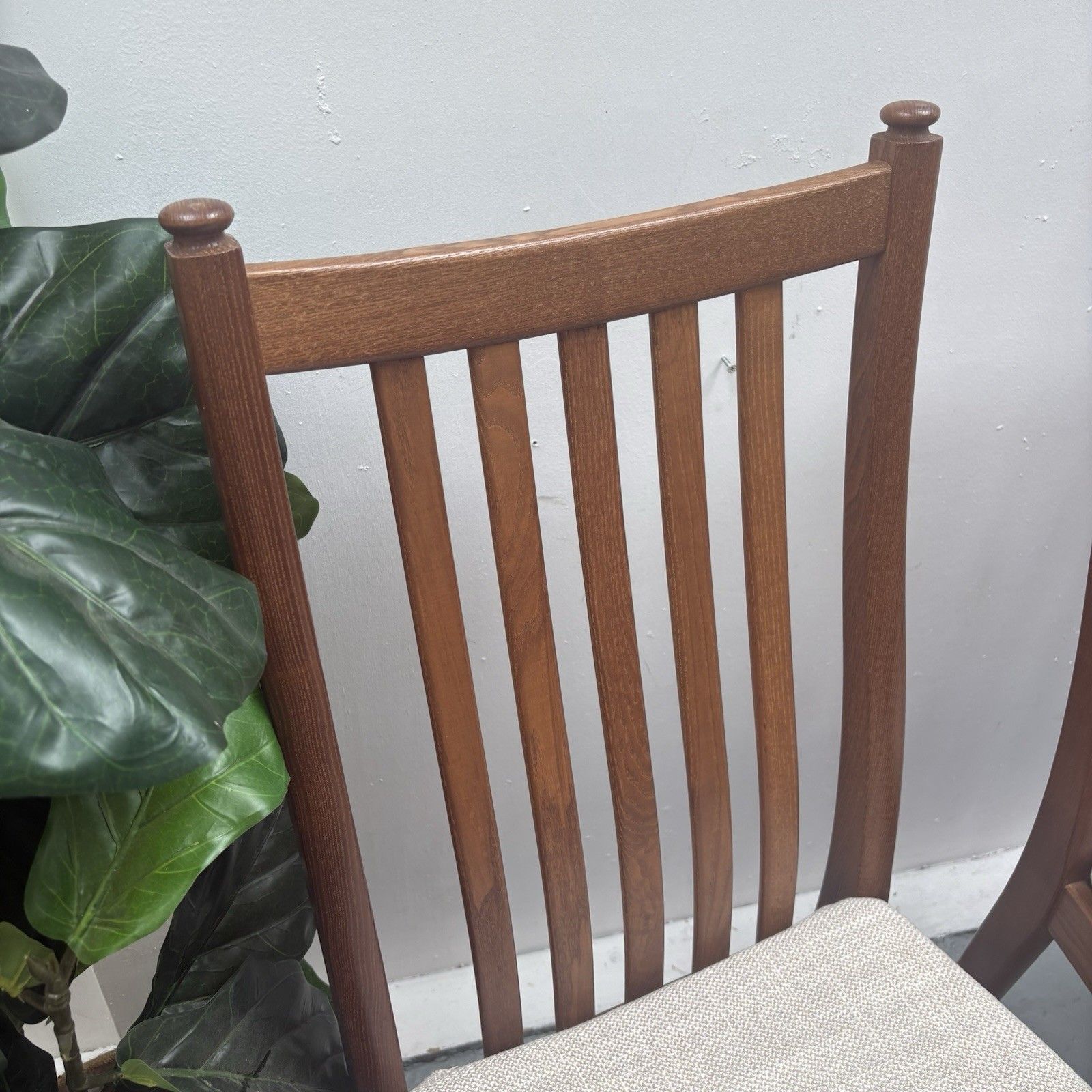 Pair Ercol Dining Chairs Penn Range Model 1138 Golden Dawn Finish Oatmeal Fabric photo for sale