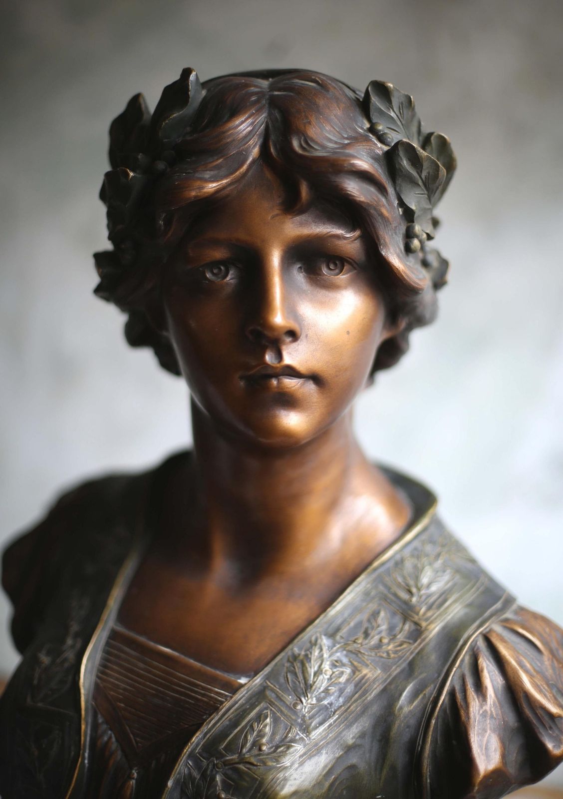 Art Nouveau Statue Large Antique Bust Bronzed Figurine Sappho Gustav Van Vaerenbergh. photo 1450.0