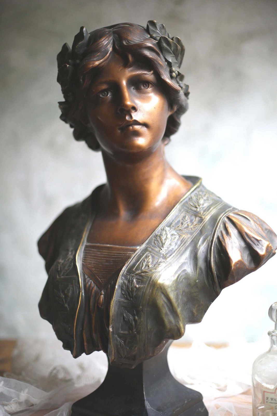 Art Nouveau Statue Large Antique Bust Bronzed Figurine Sappho Gustav Van Vaerenbergh. photo buy
