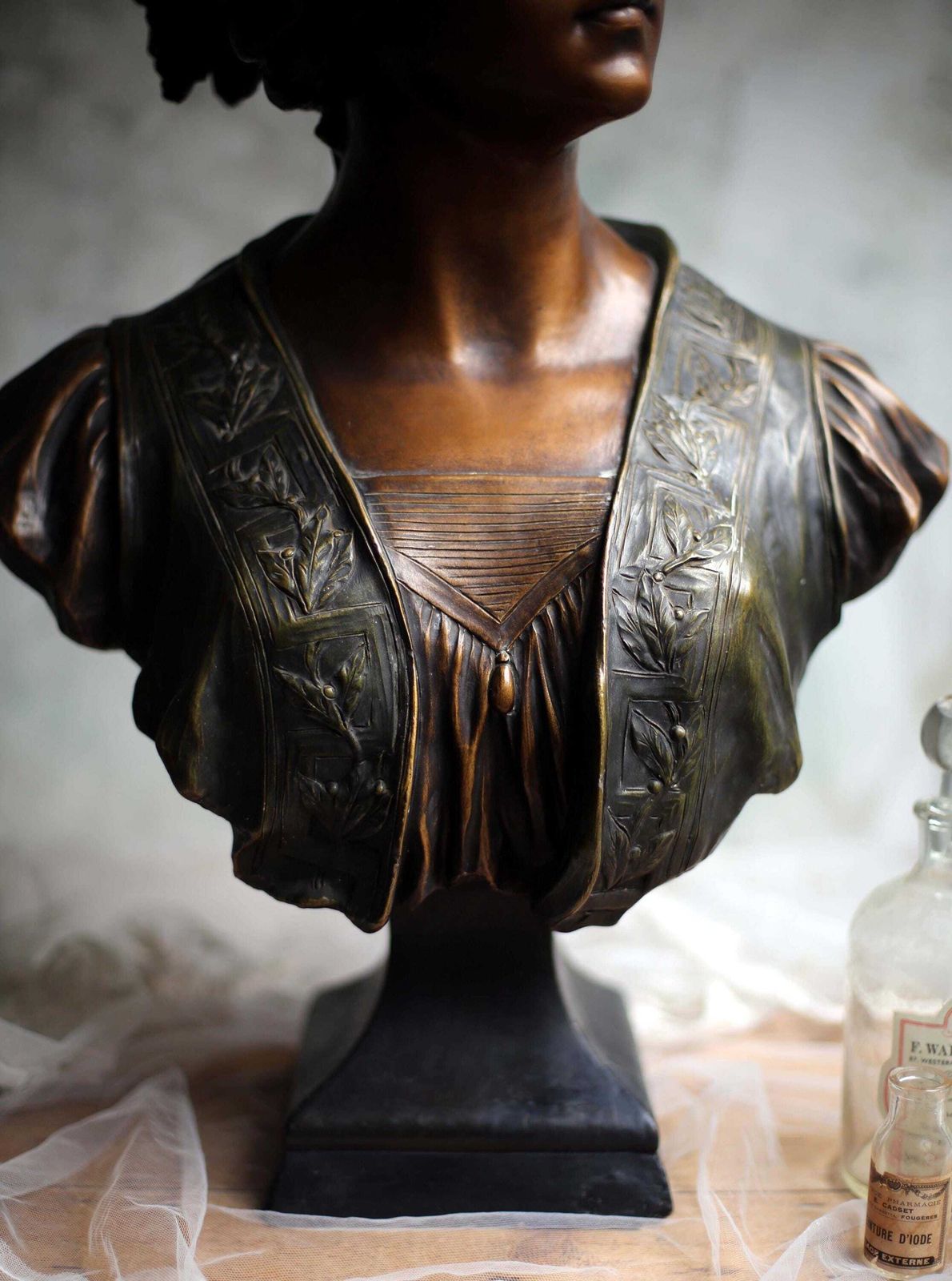 photo for sale Art Nouveau Statue Large Antique Bust Bronzed Figurine Sappho Gustav Van Vaerenbergh.