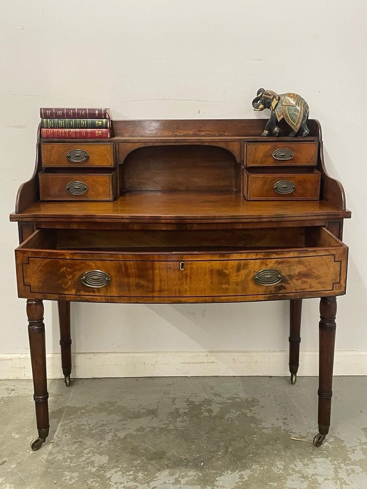 Antique Writing Desk With Raised Back & Drawers Desk On Castors. photo for sale