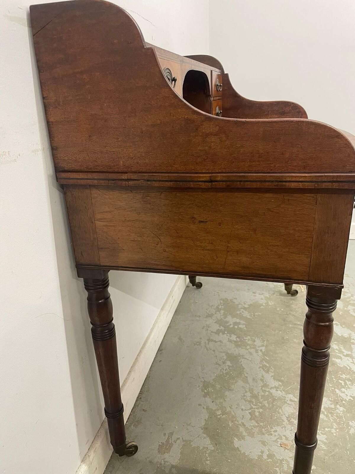 Furniture Antique Writing Desk With Raised Back & Drawers Desk On Castors. photo