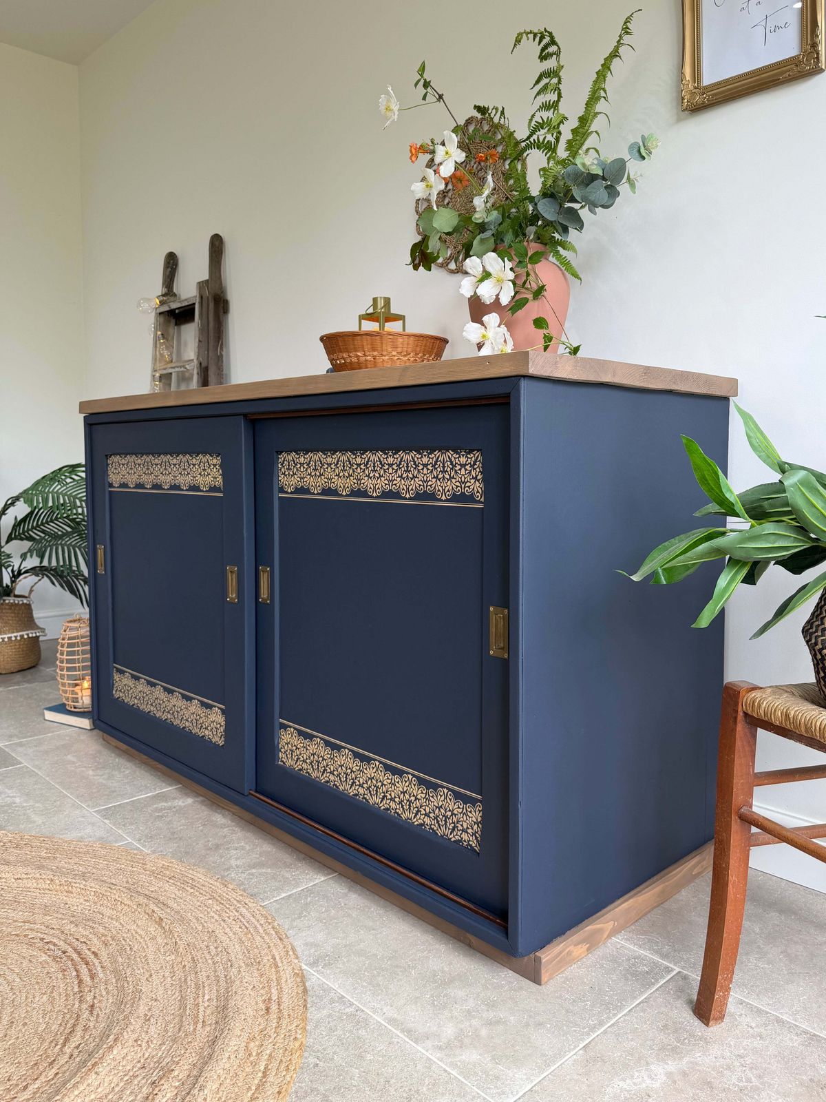 Freestanding Vintage Sliding Door Sideboard Painted Navy Blue And Gold photo for sale