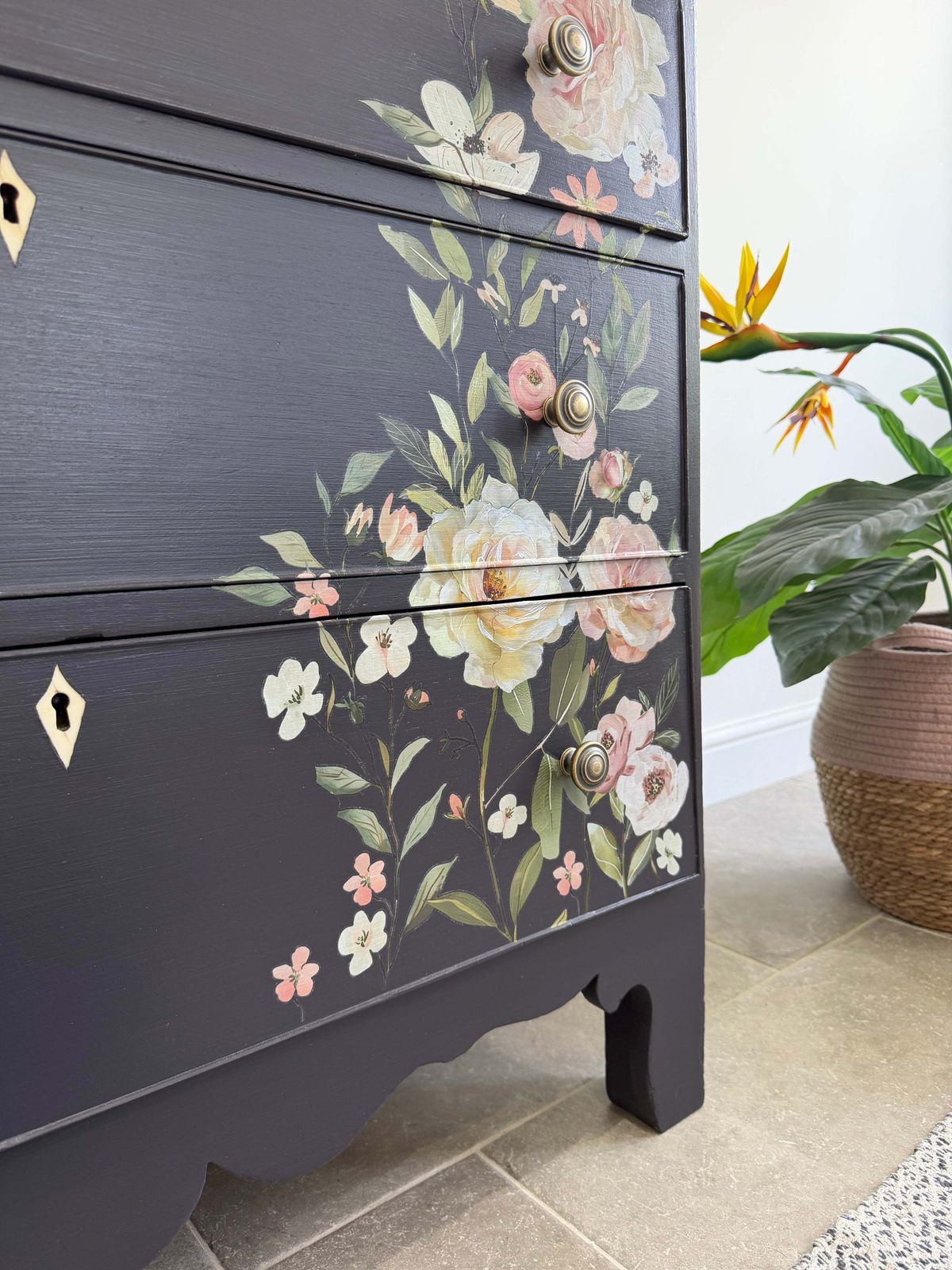 Vintage Chest Of Drawers, Painted Black With Floral Decor photo vintage