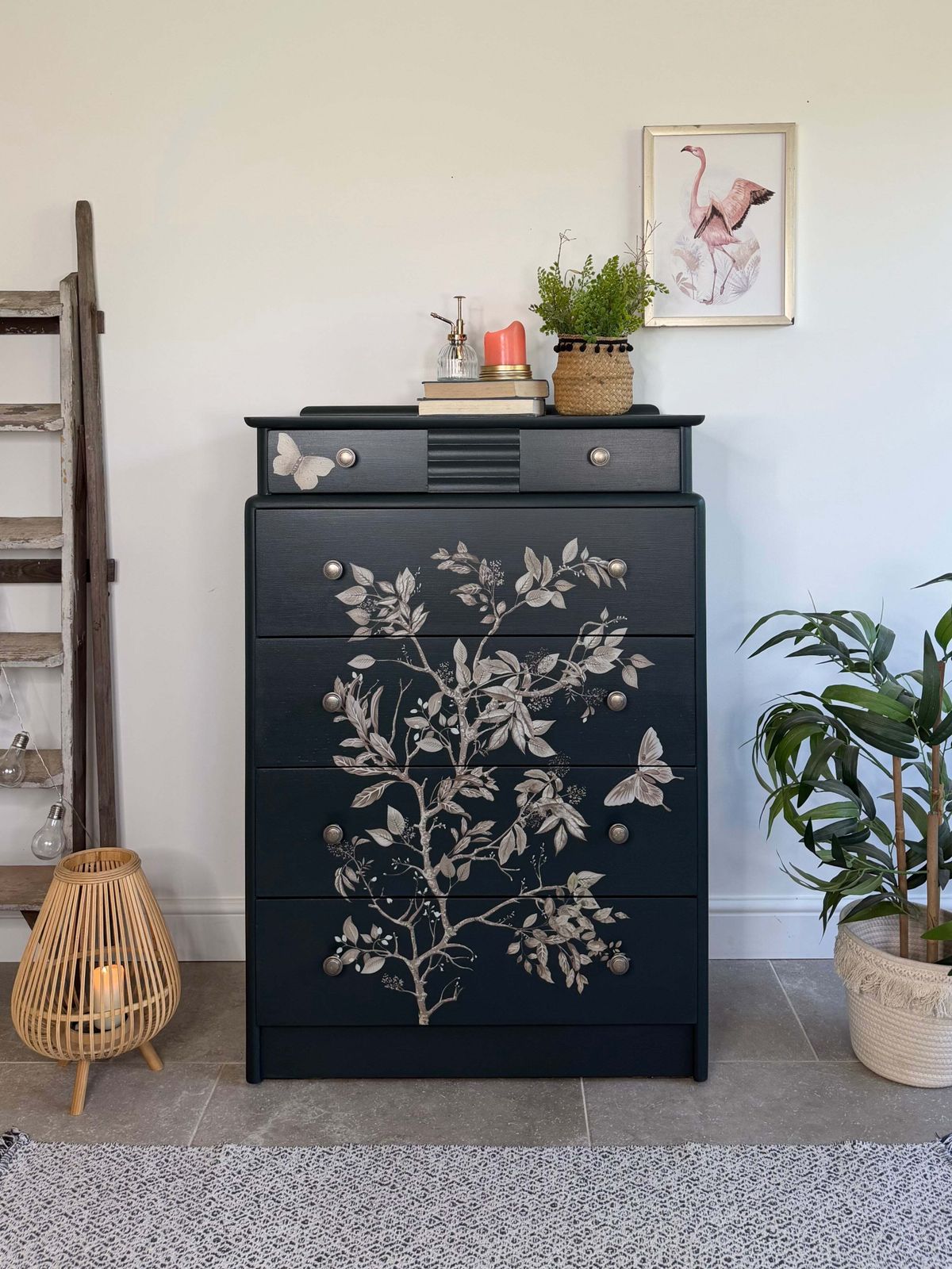 Stag Tallboy Dresser / Chest Of Drawers, Painted Dark Green And Floral
