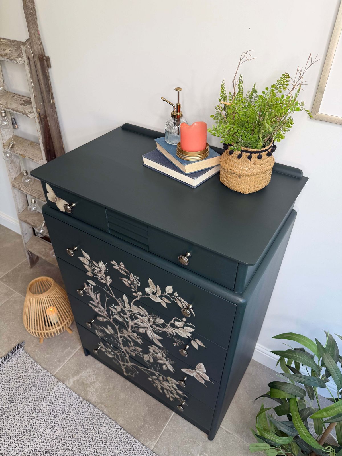 Stag Tallboy Dresser / Chest Of Drawers, Painted Dark Green And Floral photo Furniture