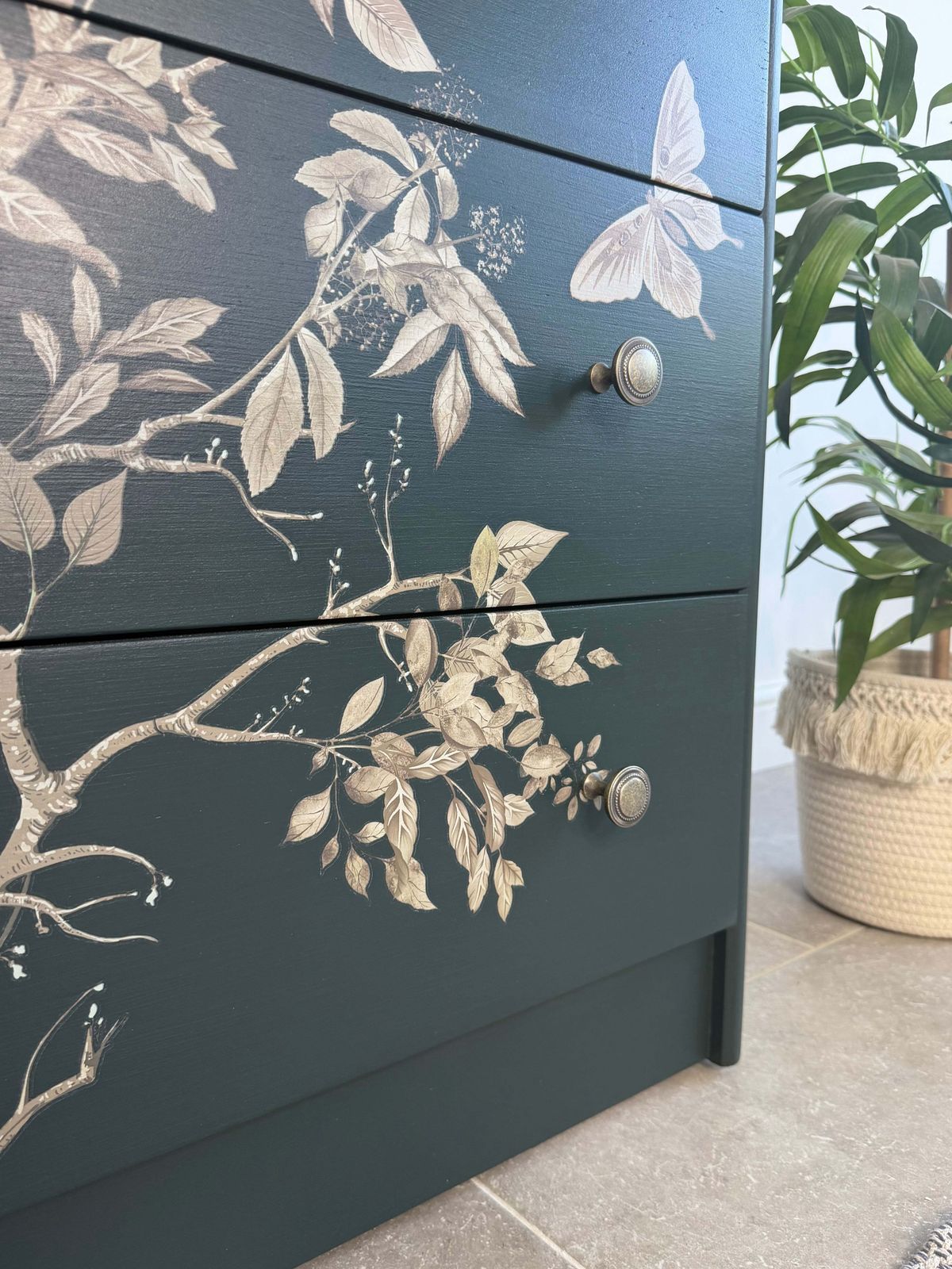 photo furniture Stag Tallboy Dresser / Chest Of Drawers, Painted Dark Green And Floral