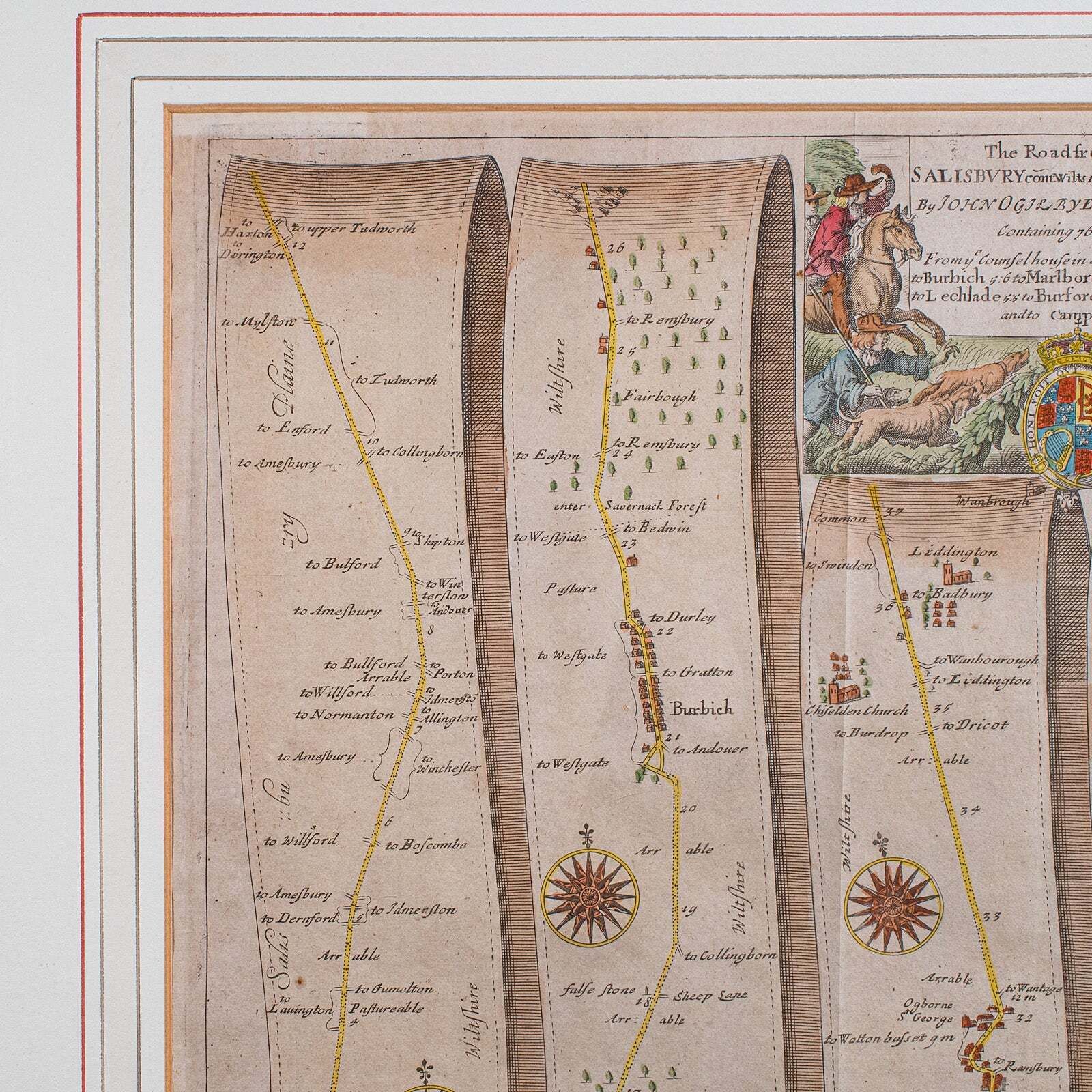 Antique Coaching Map, Salisbury To Campden, English, Framed Cartography, Ogilby photo vinterior