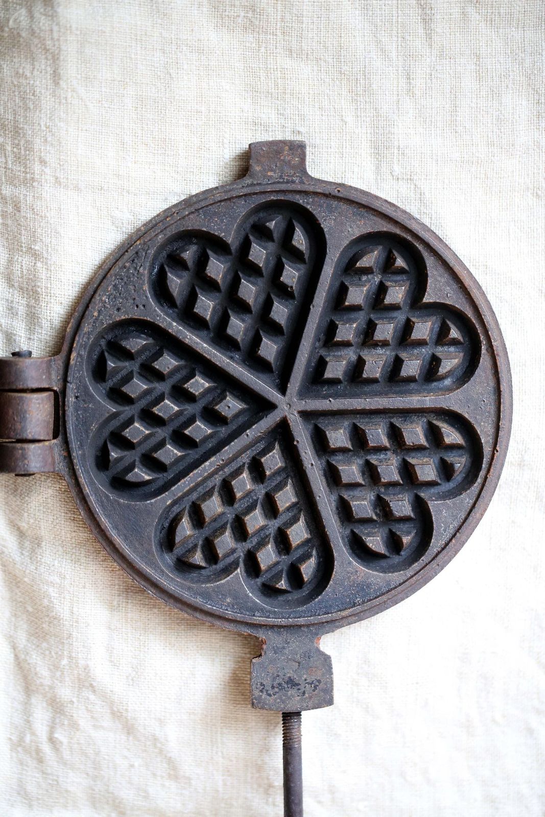 Large Antique Waffle Iron French Primitive With Hearts Black Cast Iron Stove Top Pan photo vintage