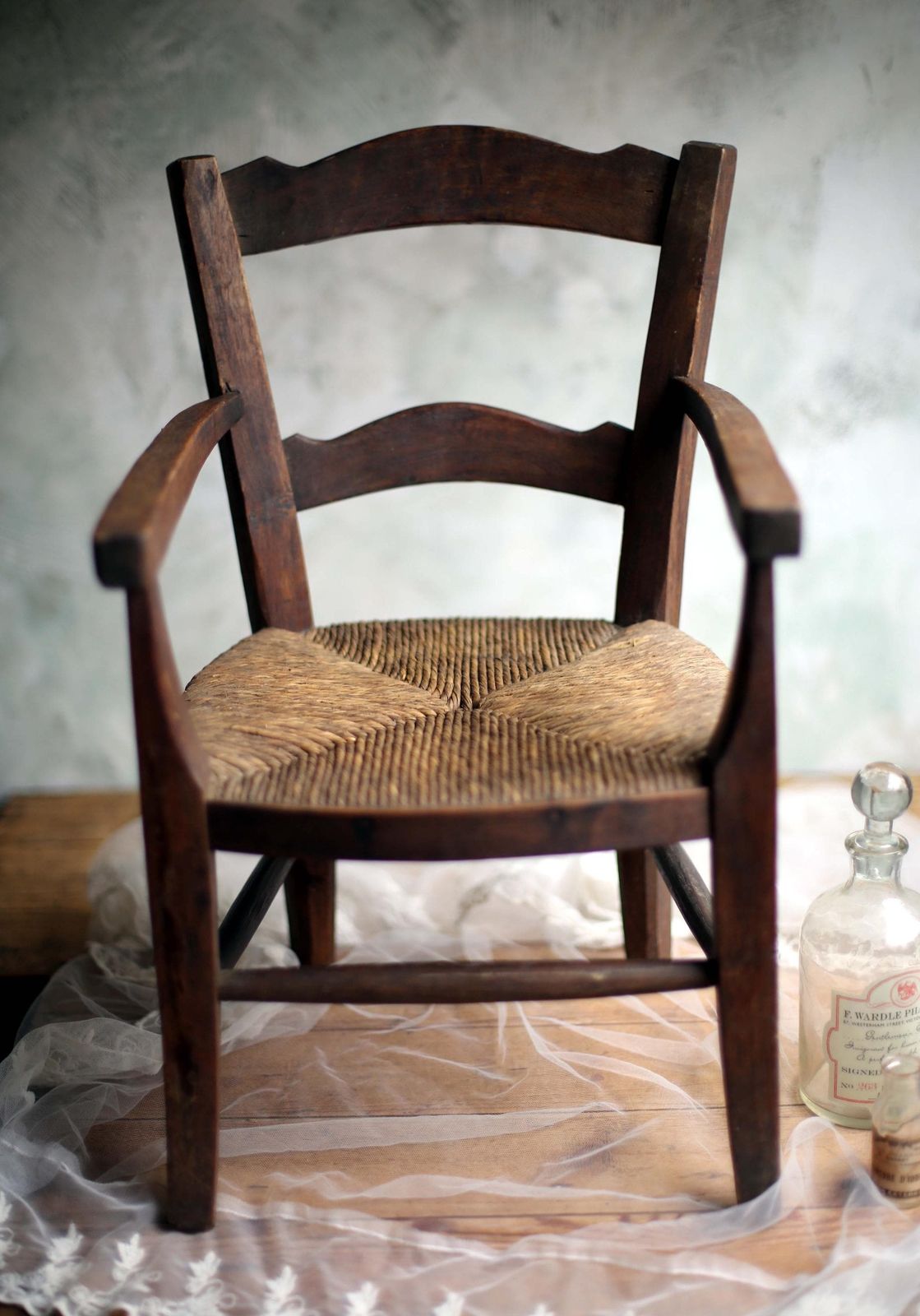 Child Antique Chair Wooden Miniature French Carved Woven Straw Seat Apprentice Piece photo vinterior