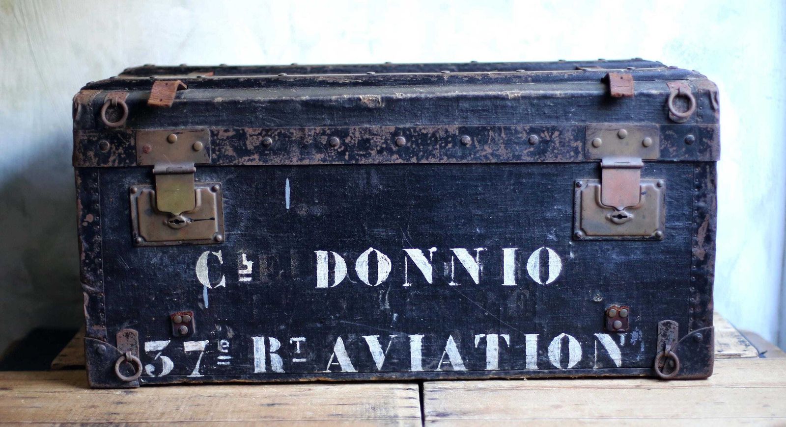 Antique Wood Military Box Aviation Regiment Wwi Black Trunk First World War Storage Chest French Army photo 313.0