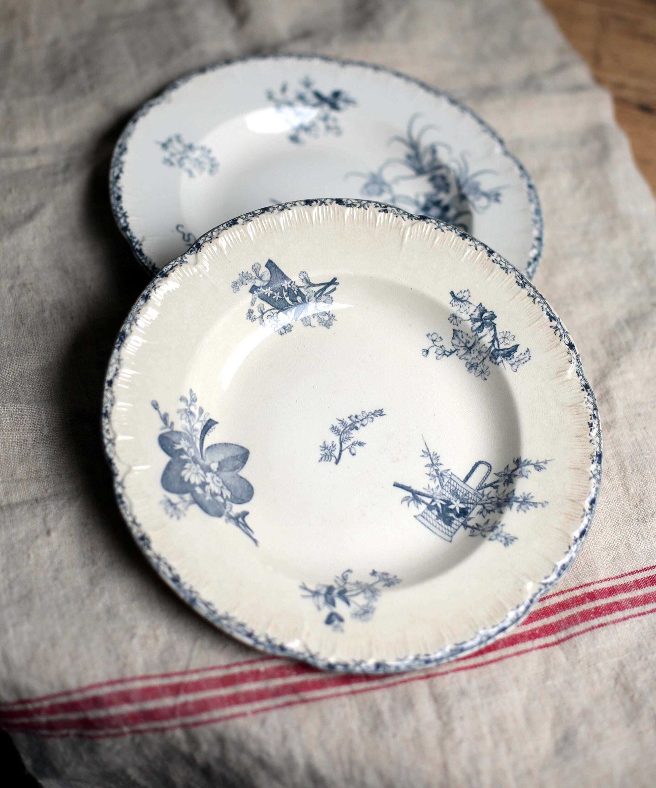 2 French Large Antique Bowls Art Nouveau Blue Transferware Pair Of Ironstone Dishes E Bourgeois photo for sale