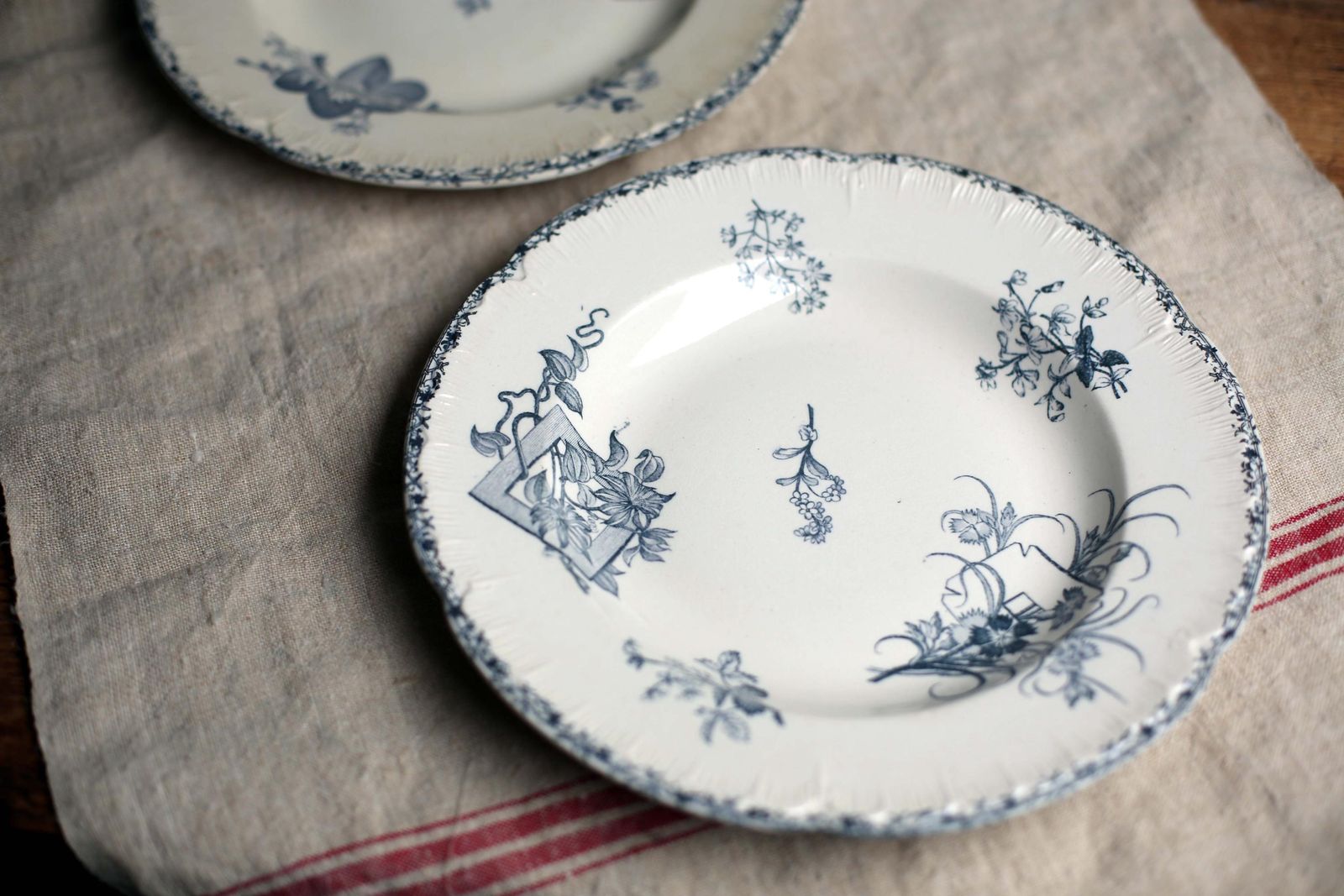 2 French Large Antique Bowls Art Nouveau Blue Transferware Pair Of Ironstone Dishes E Bourgeois photo 60.0