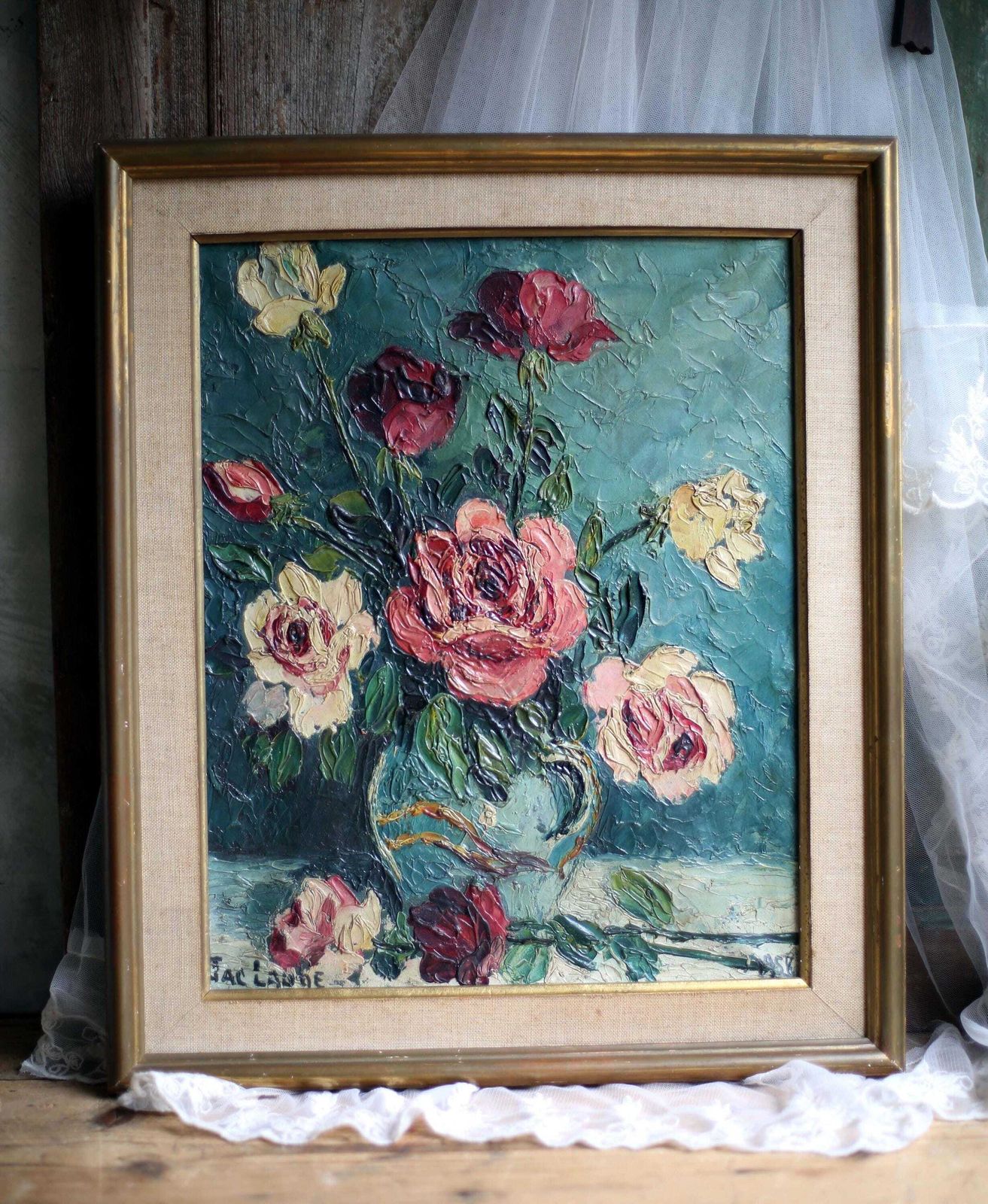 French Floral Oil Painting Canvas Art Flowers Framed Impasto Still Life By Jac Laube photo 144.0
