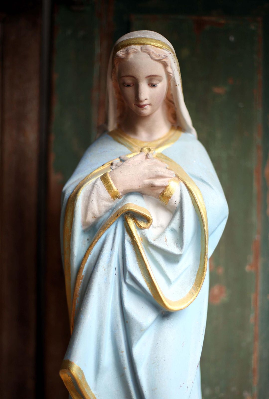 Large Antique French Virgin Mary Statue Polychrome Praying Madonna photo vinterior
