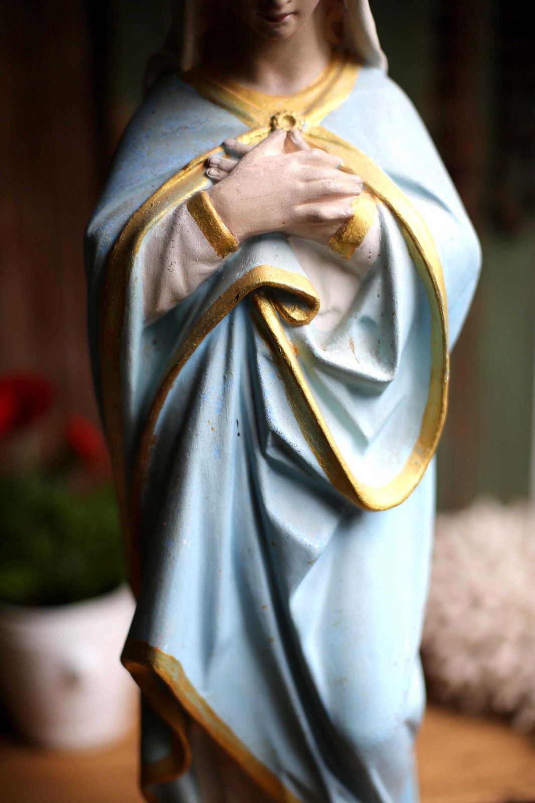 photo for sale Large Antique French Virgin Mary Statue Polychrome Praying Madonna