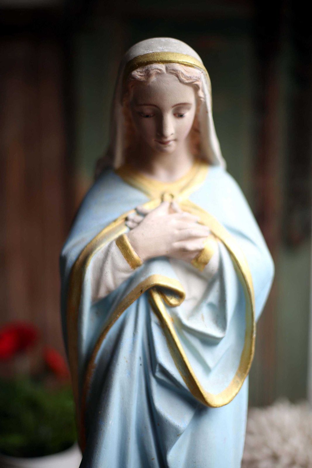 Art Large Antique French Virgin Mary Statue Polychrome Praying Madonna photo