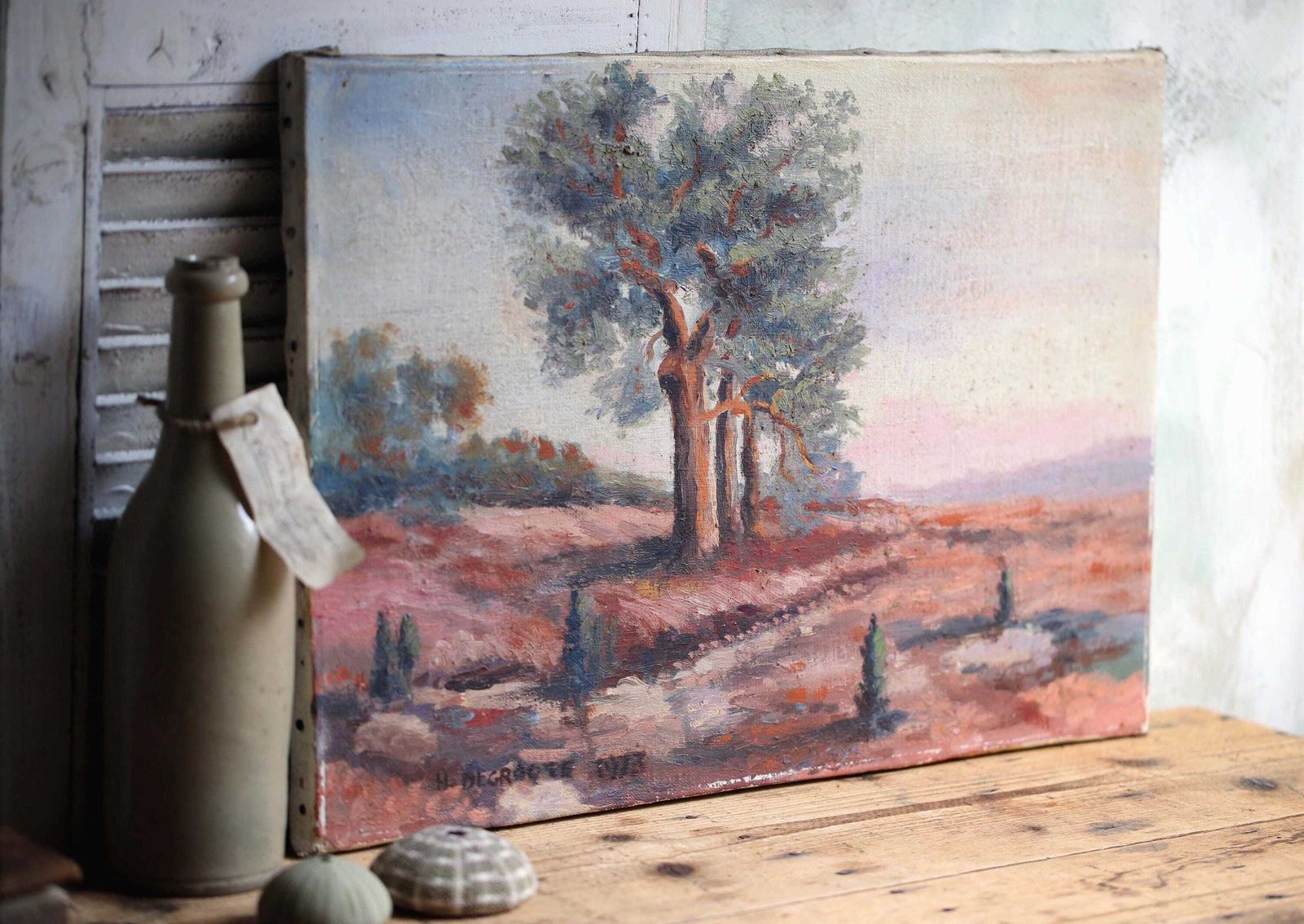 Original Oil Painting Tree Vintage French Landscape On Canvas Henri Degroote