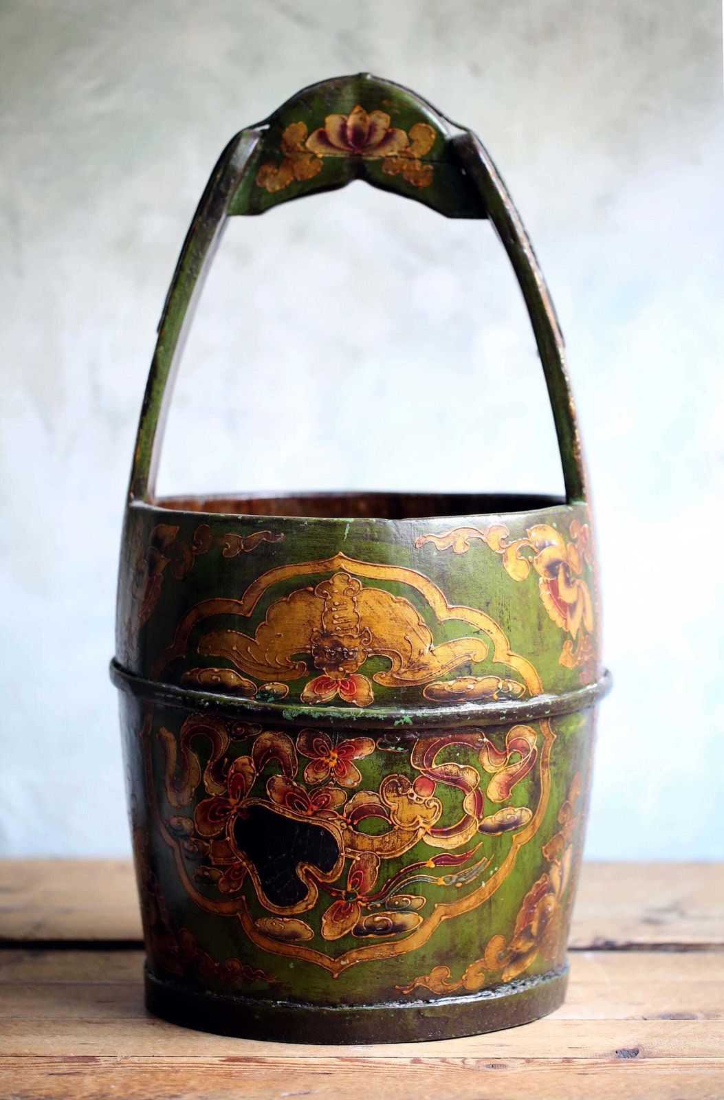 Large Antique Chinese Bucket Green Painted Folk Art Hand Carved Wooden Pail photo buy