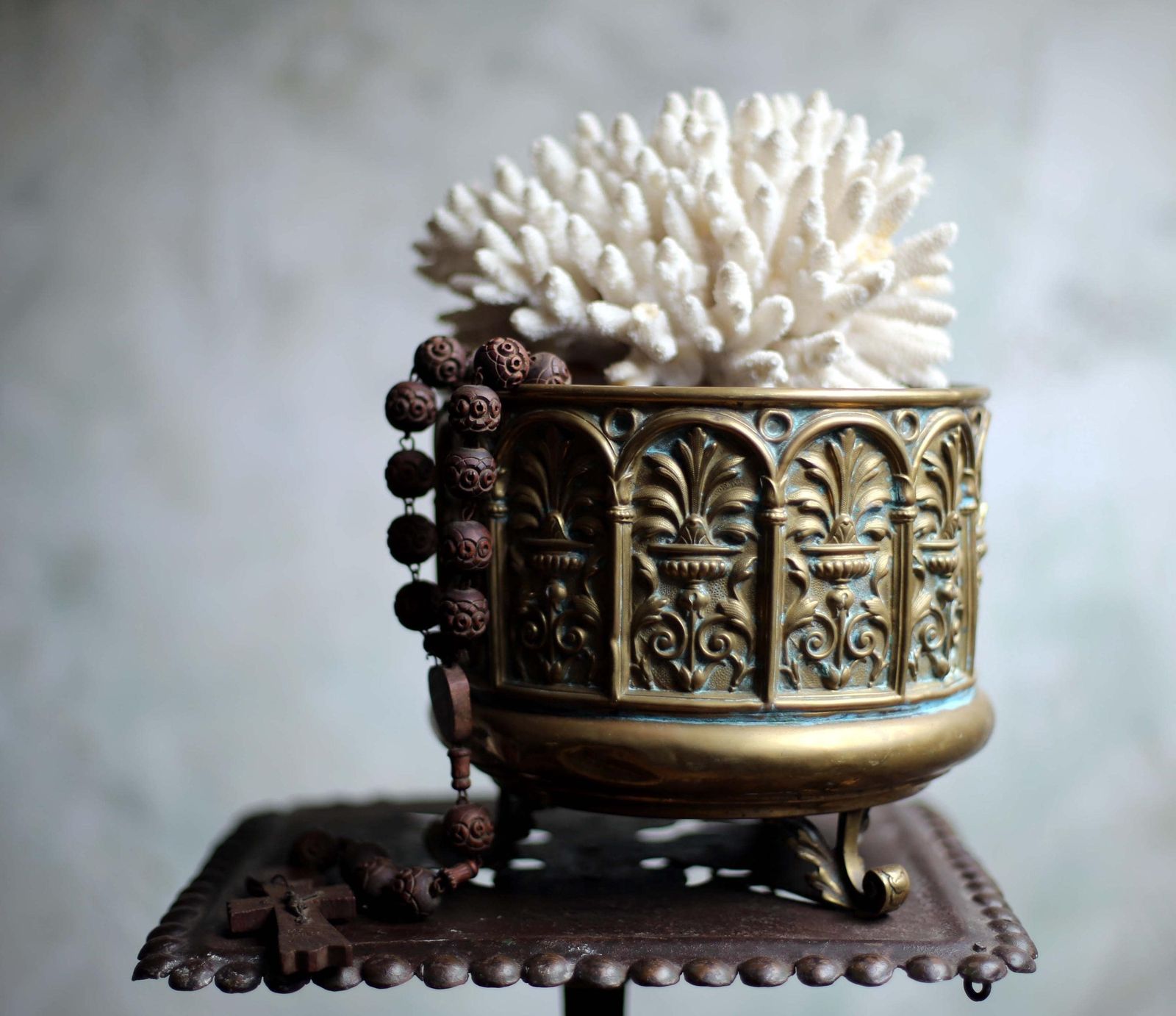 Antique French Jardiniere Brass Repousse Table Centerpiece Round Cache Pot Napoleon III 1800s photo Home Decor