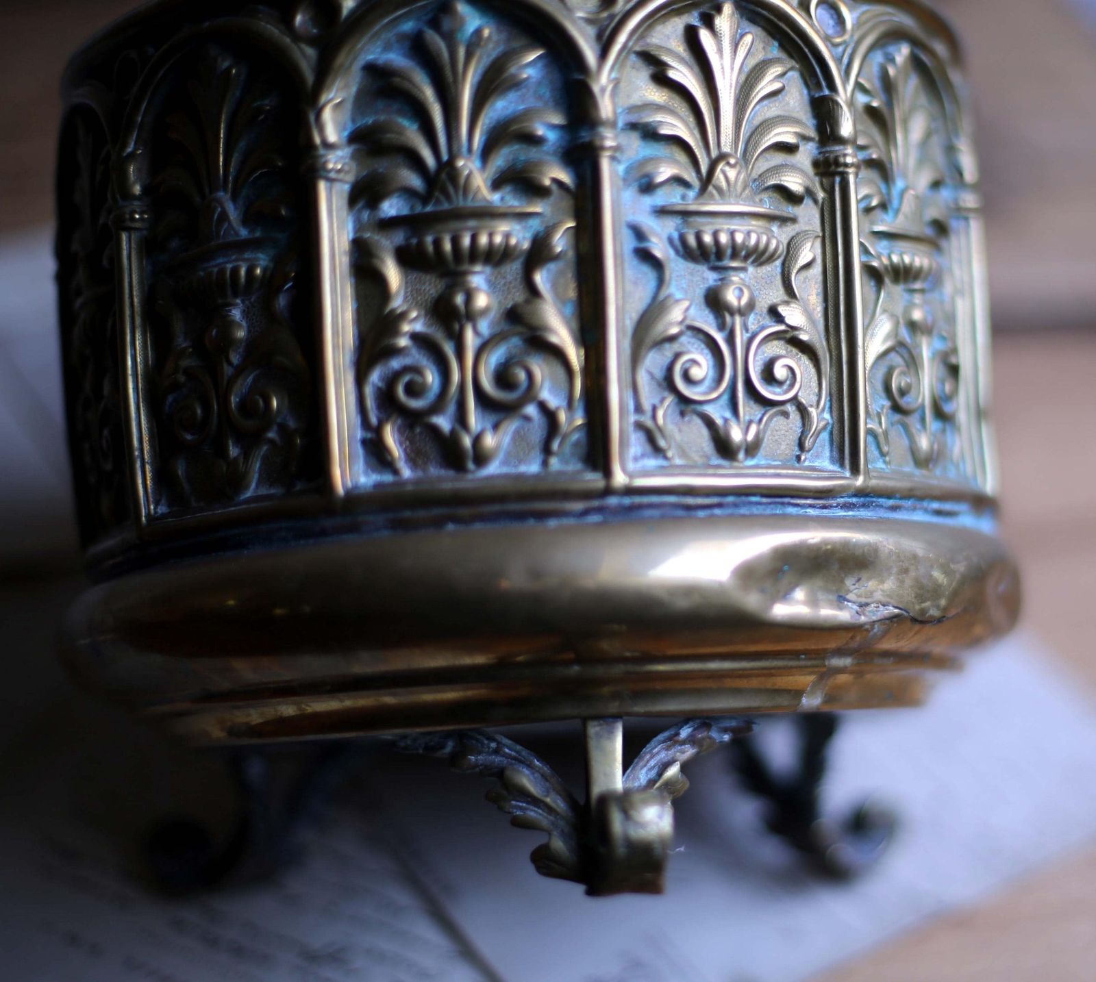 photo for sale Antique French Jardiniere Brass Repousse Table Centerpiece Round Cache Pot Napoleon III 1800s