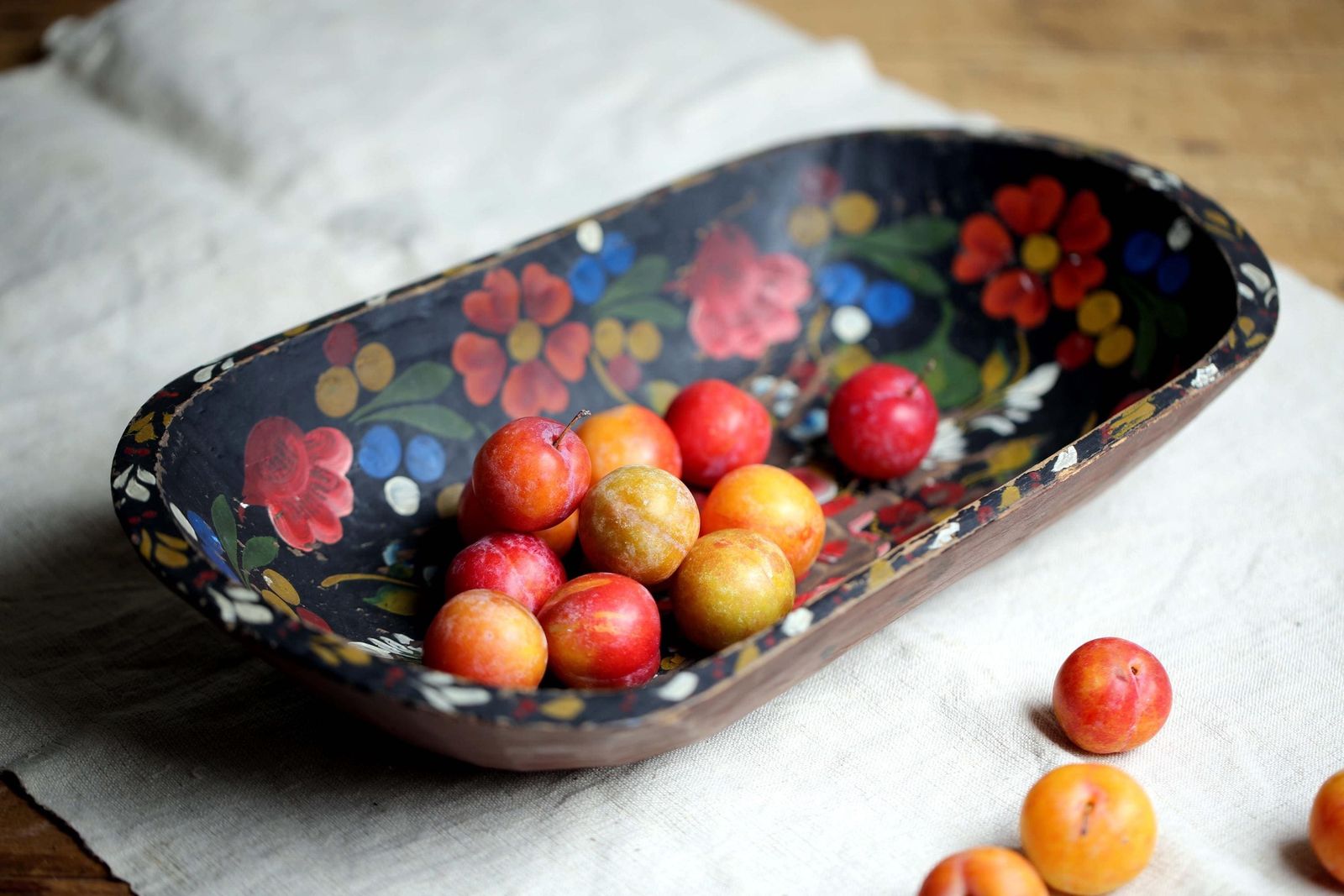 Antique French Folk Art Wooden Dough Bowl Painted Wood Proving Bowl