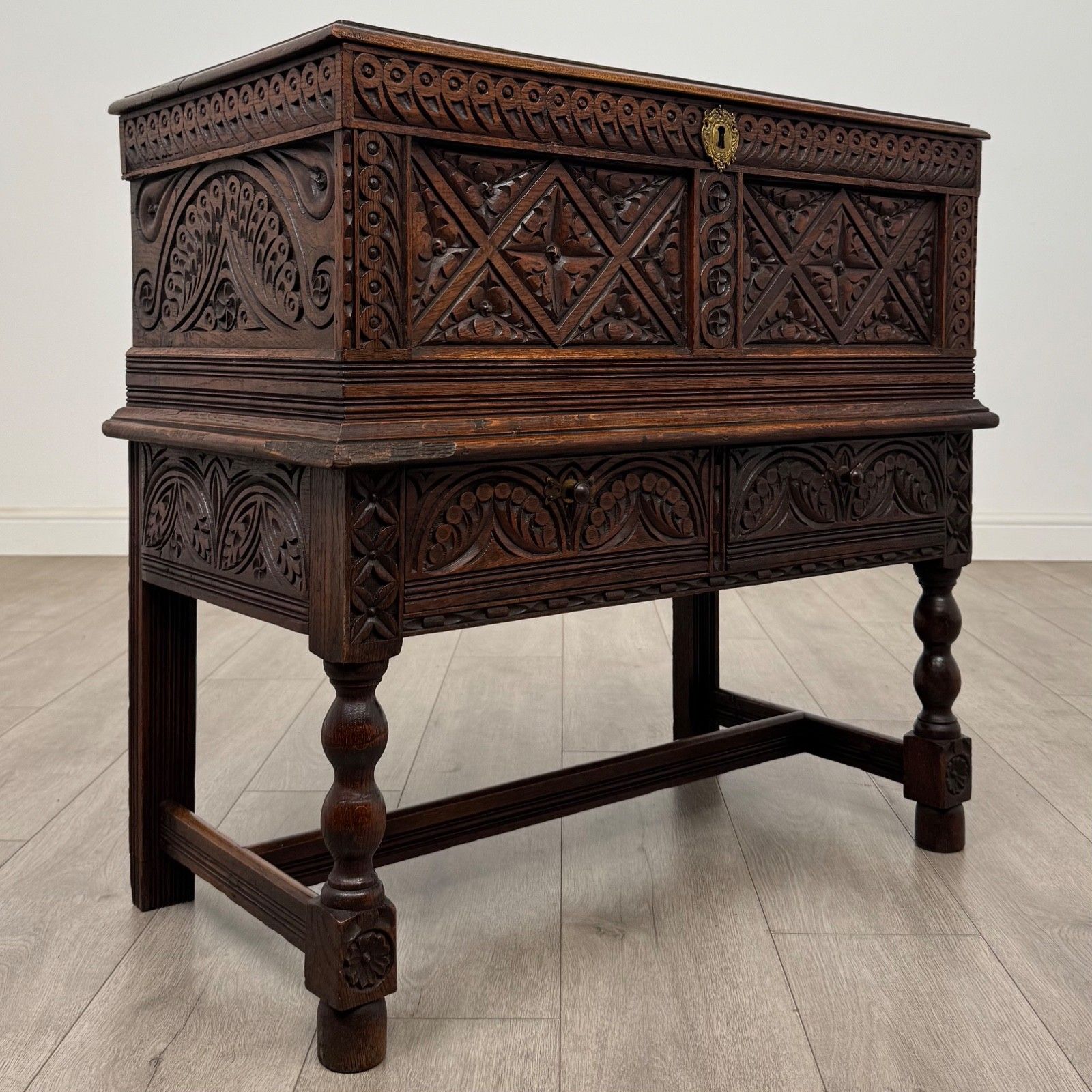 Antique 19th Century Carved Victorian Chest On Stand In Oak ( Af 5799 ) photo vintage