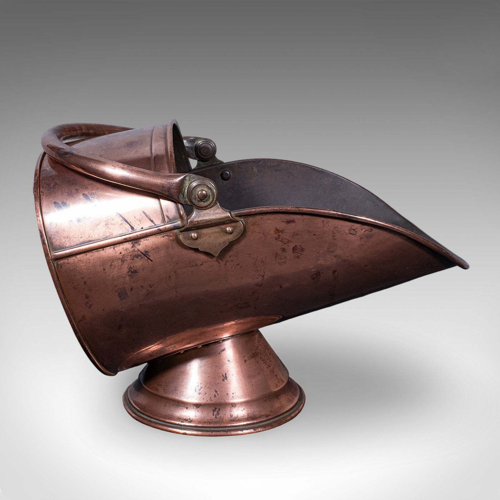 Antique Helmet Fire Bucket, English, Copper Scuttle, Fireside Bin, Victorian photo for sale