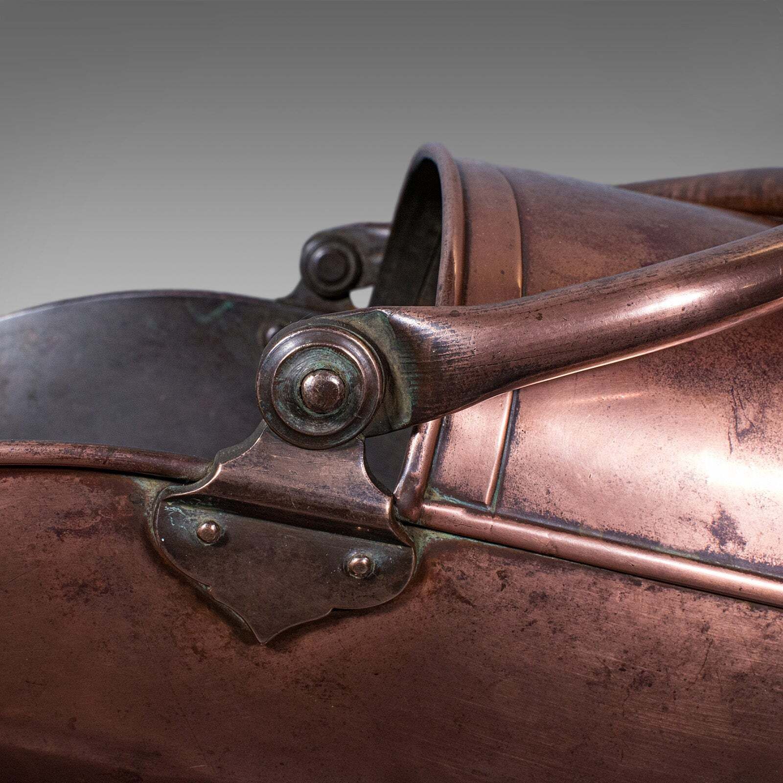 Antique Helmet Fire Bucket, English, Copper Scuttle, Fireside Bin, Victorian photo vintage