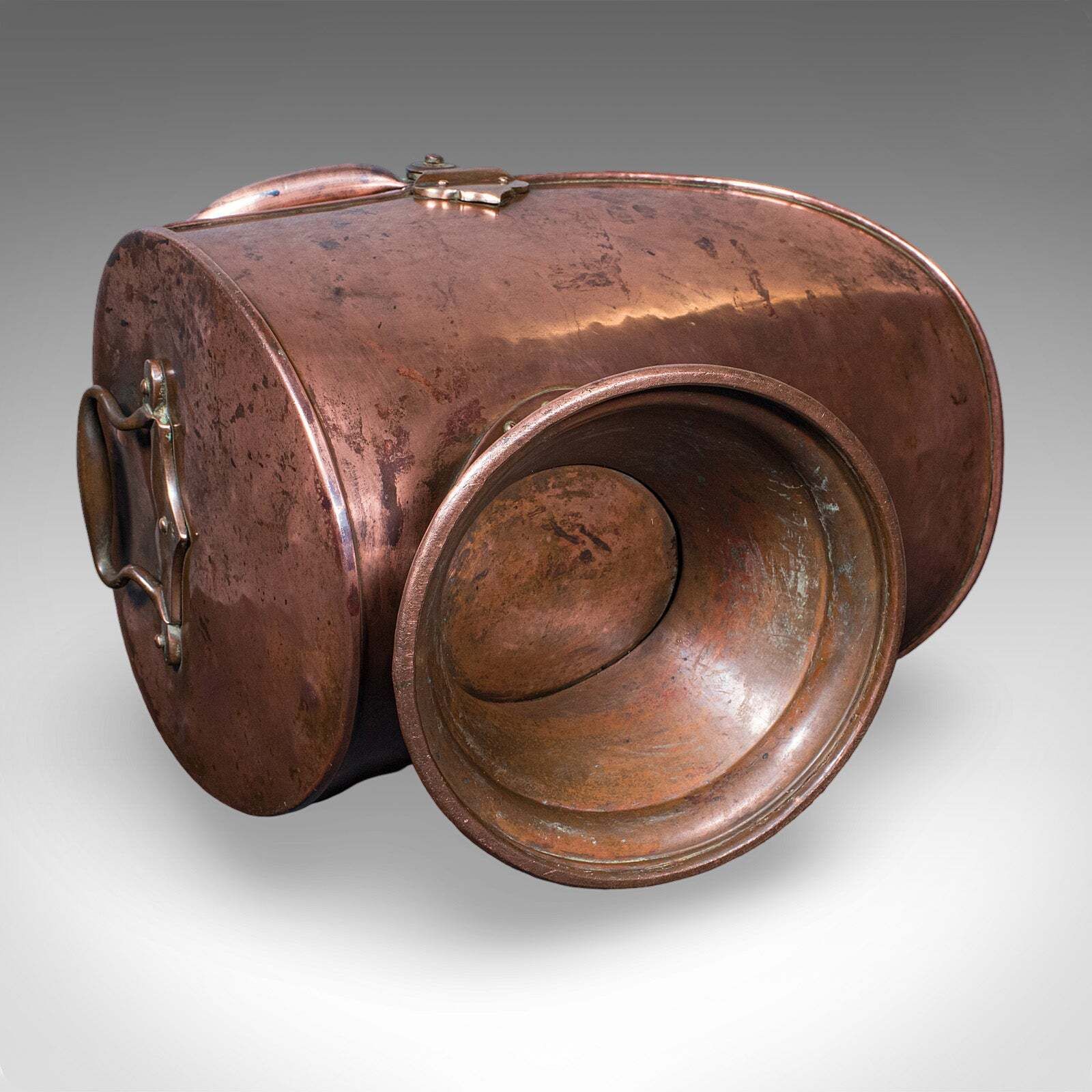 photo for sale Antique Helmet Fire Bucket, English, Copper Scuttle, Fireside Bin, Victorian