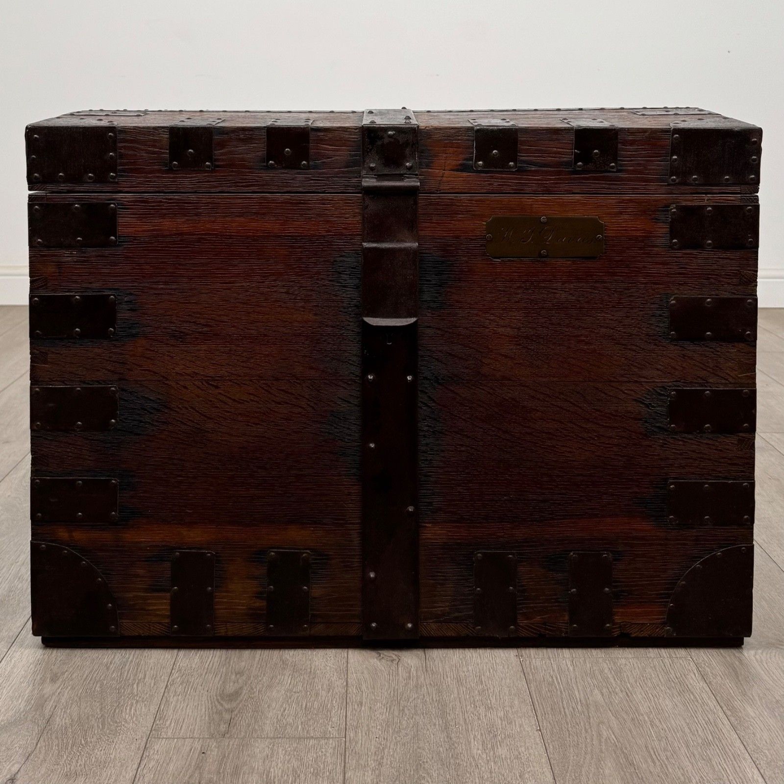 Antique 19th Century Iron Bound Victorian Silver Chest In Oak ( Af 5797 )