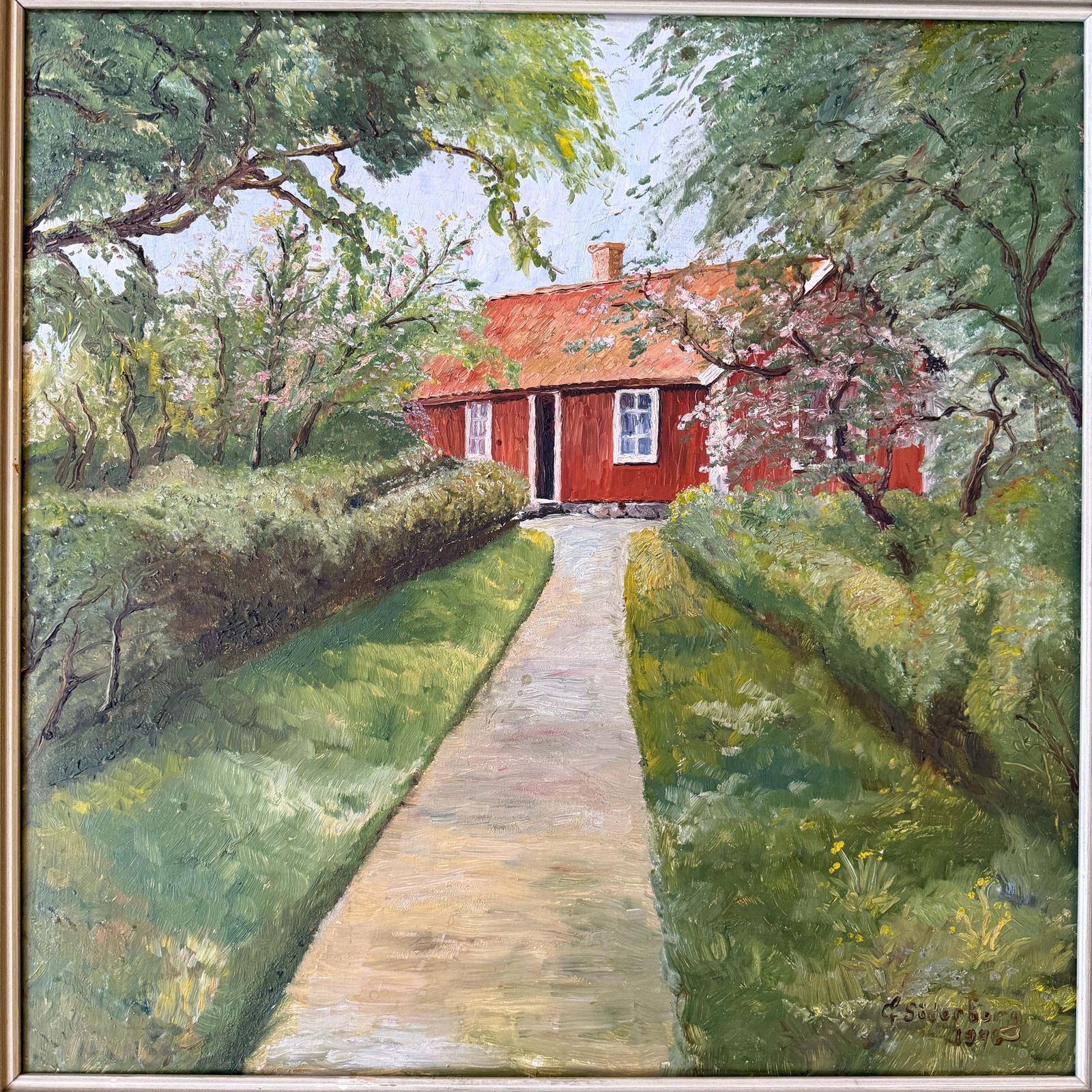 Faluröd Idyll 1946. Vintage Swedish Oil Painting By Gunnar Söderberg photo for sale