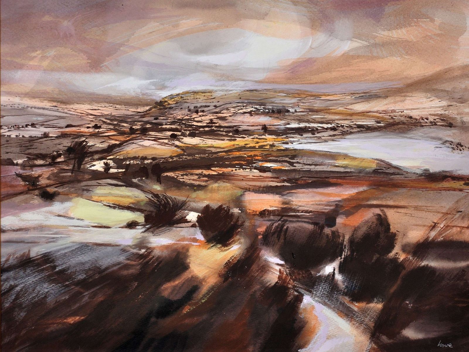 Ronald Lowe, 1932-1985. Aquarelle encadrée, paysage des Yorkshire Dales vu en vol plané. Œuvre britannique moderne, milieu du XXe siècle. photo furniture
