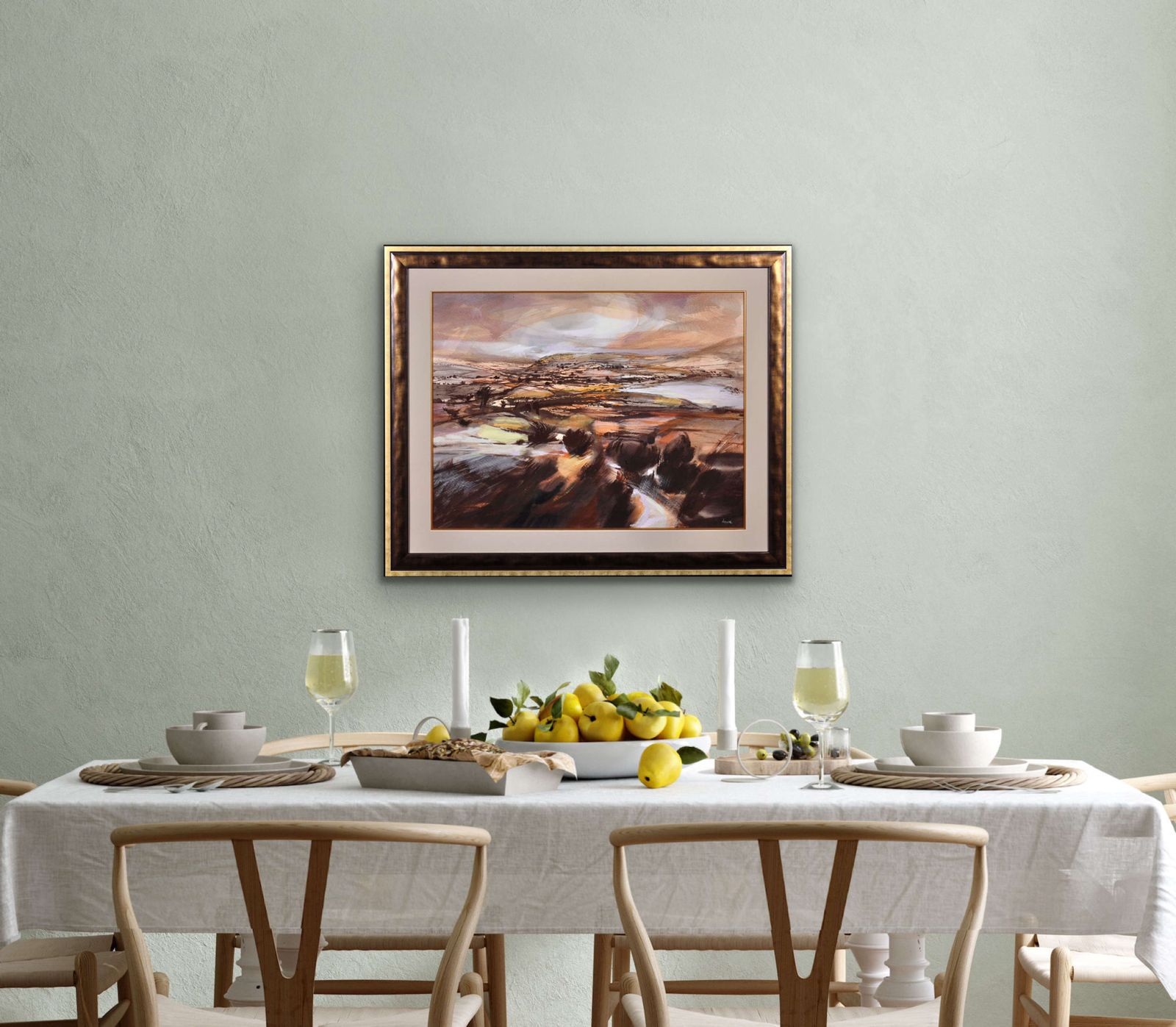 photo furniture Ronald Lowe 1932 To 1985. Framed Yorkshire Dales Soaring Above Landscape Watercolour Painting. Mid 20th Century Modern British Artwork.