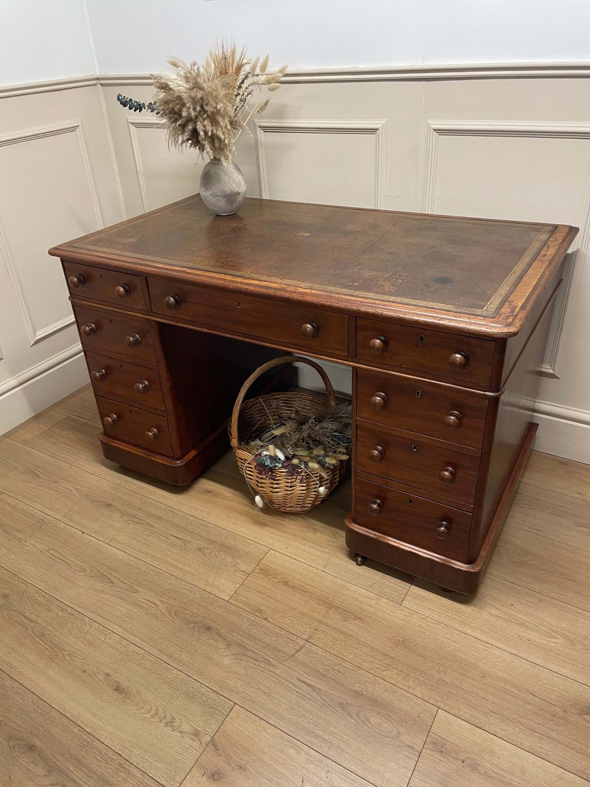 Antique Mahogany Victorian Pedestal Desk With Original Leather Top photo furniture