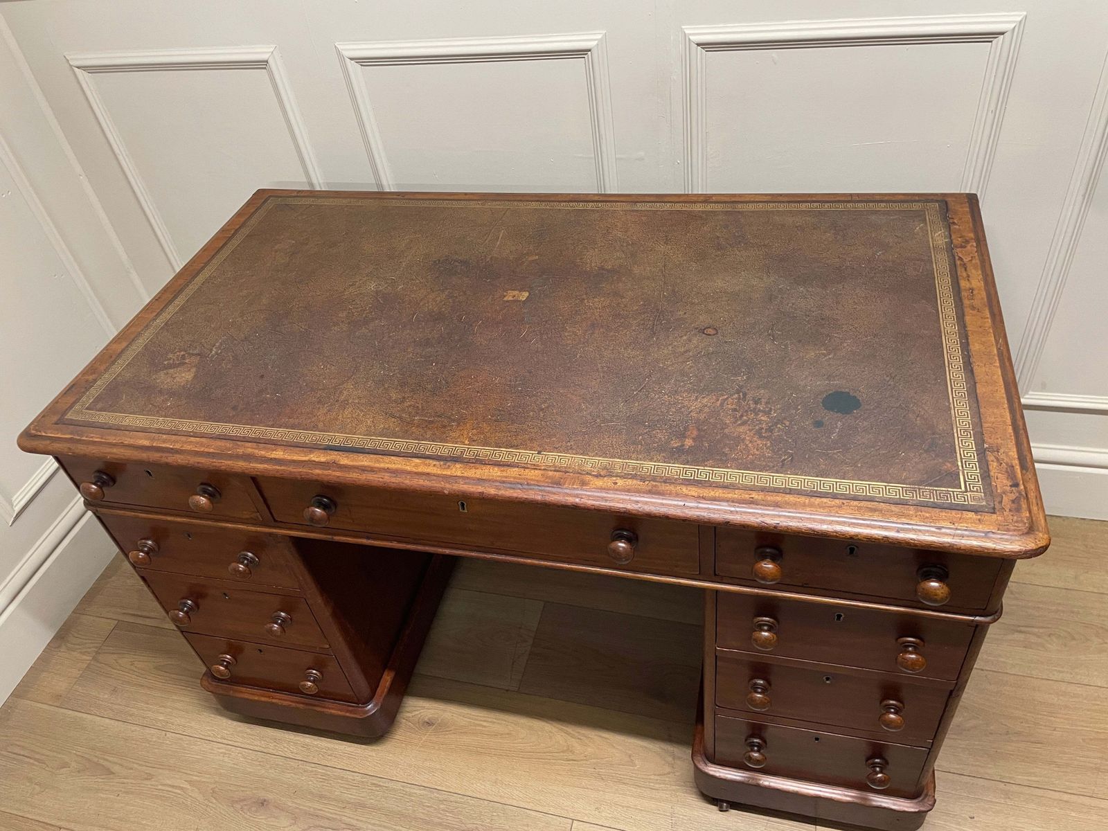 Antique Mahogany Victorian Pedestal Desk With Original Leather Top photo buy