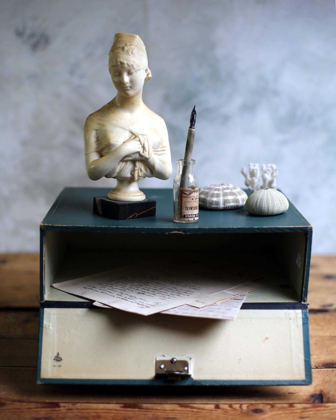 photo furniture Antique French Notary File Box Lawyer Storage Container Green Double Cardboard Notaire Box