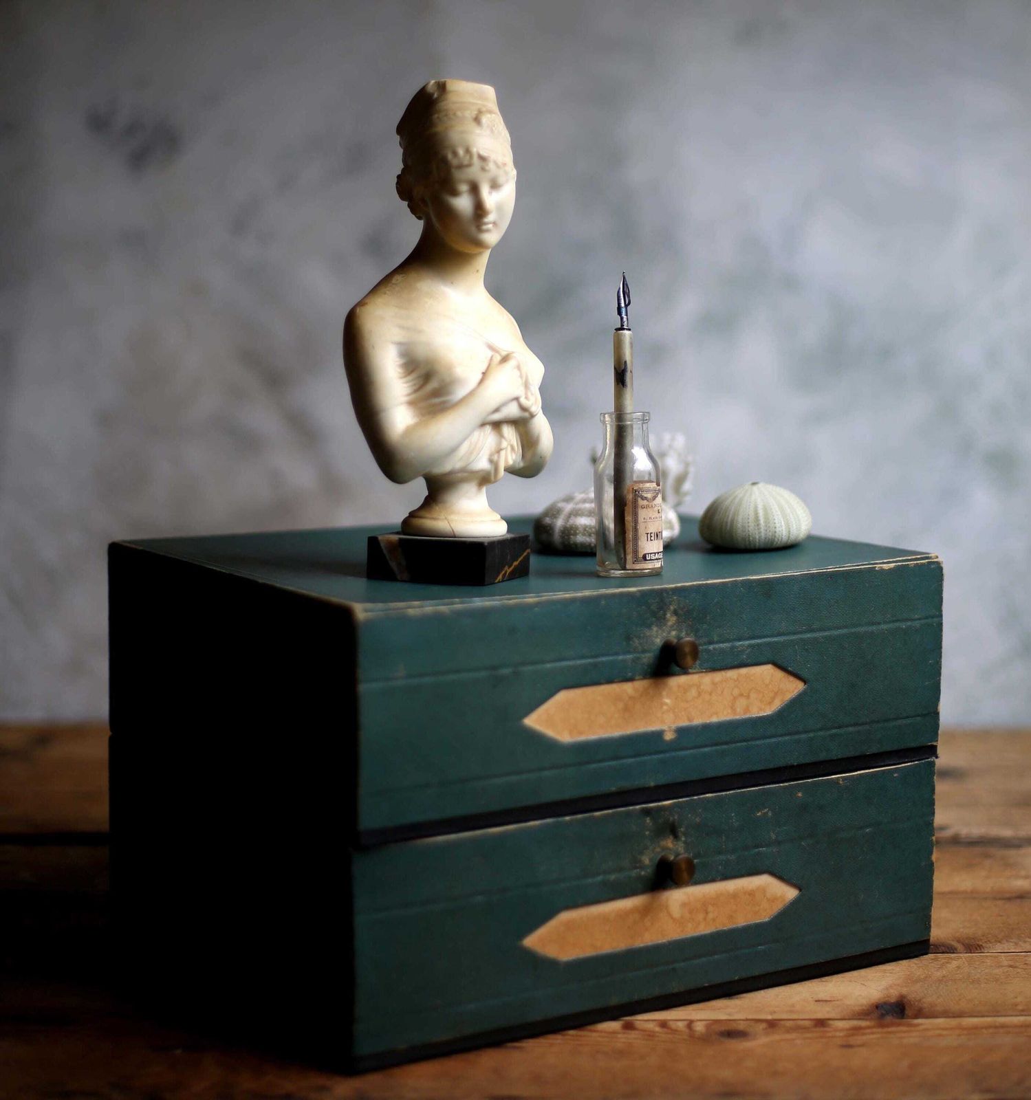 photo for sale Antique French Notary File Box Lawyer Storage Container Green Double Cardboard Notaire Box