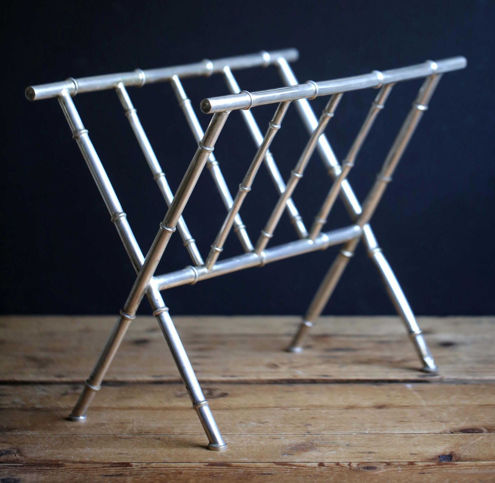Faux Bamboo Magazine Rack Vintage Mid Century Newspaper Stand In Silver Metal Jacques Adnet Style photo buy
