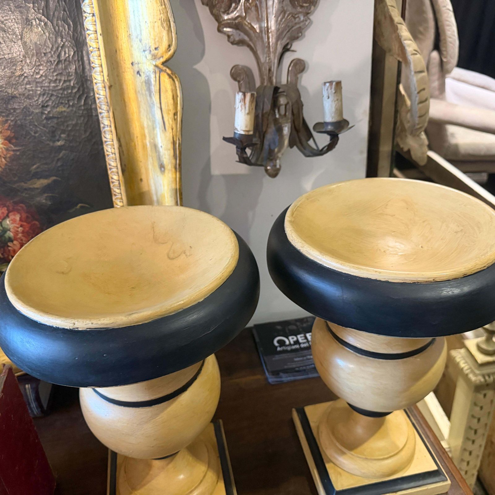 photo for sale 1930s Art Deco Black And White Lacquered Wood Italian Candlehloders