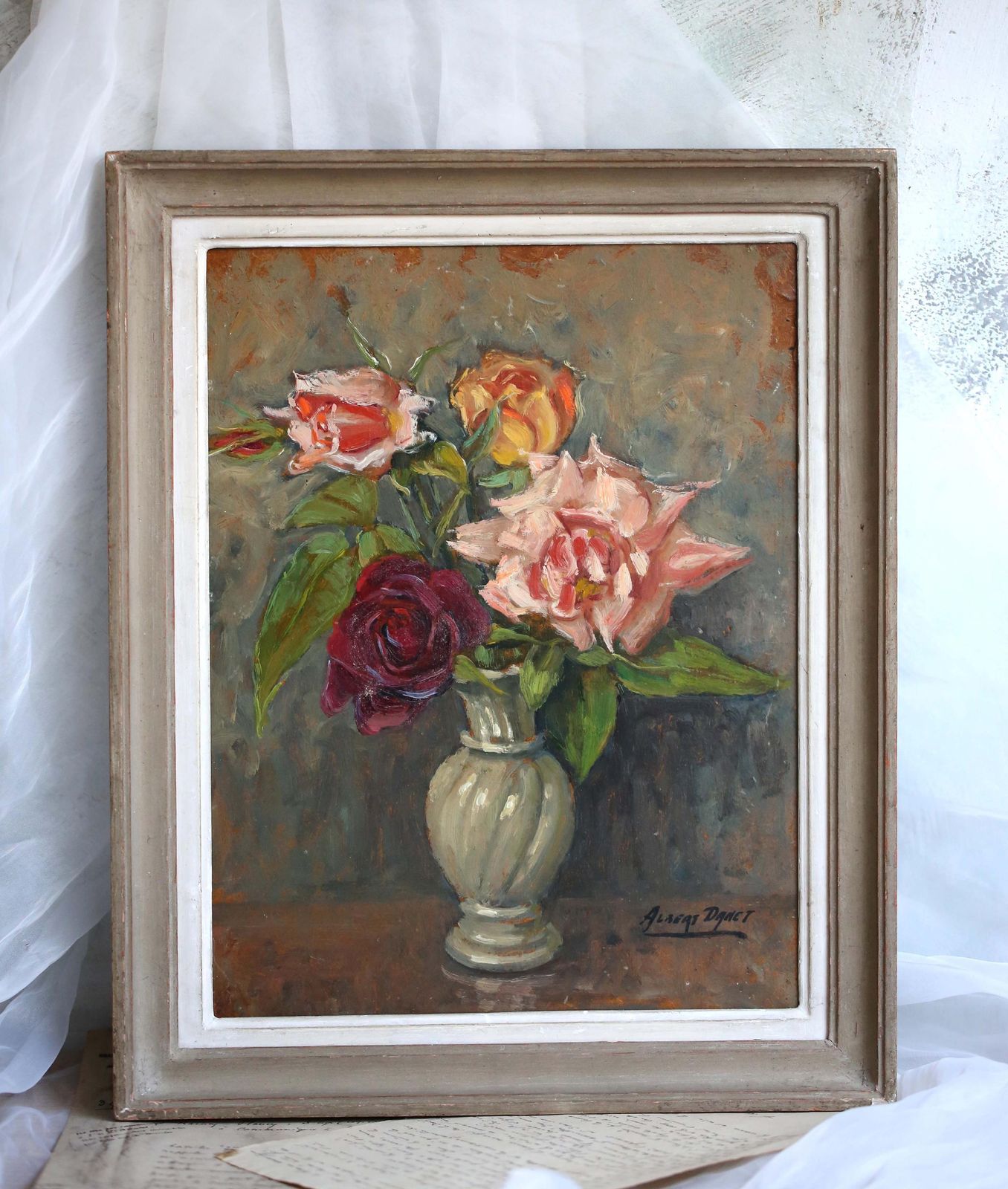 Original Oil Painting Still Life Framed Roses Floral Art Signed Albert Danet