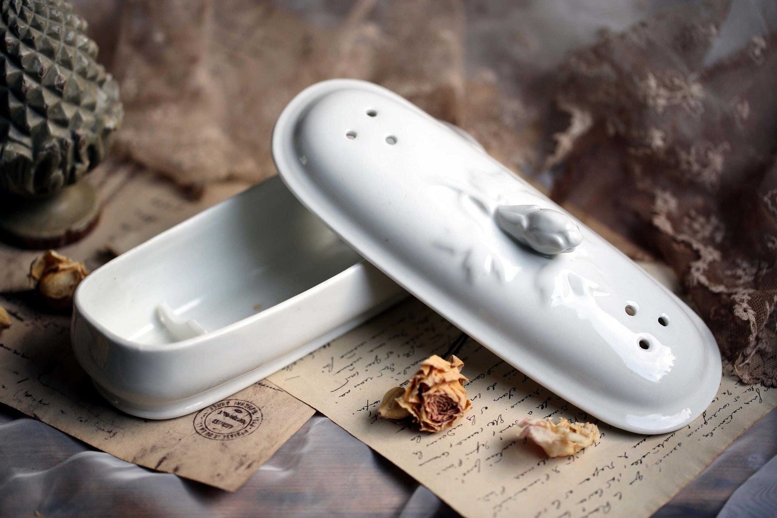 Antique French Razor Box Holder White Porcelain Pot Bathroom Storage Dish photo for sale