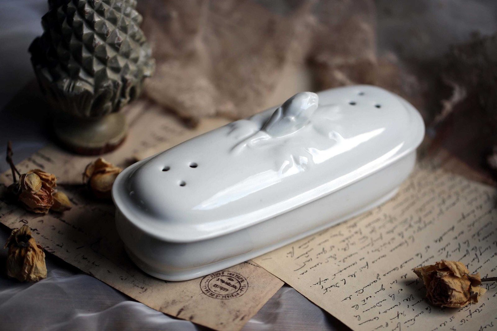 Antique French Razor Box Holder White Porcelain Pot Bathroom Storage Dish photo Home Decor