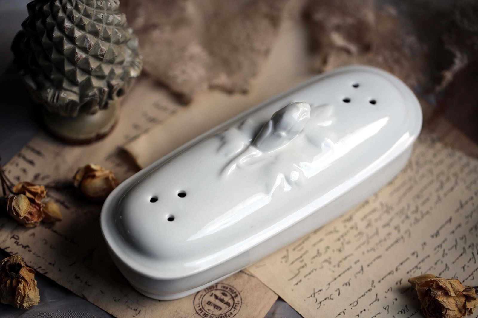 Antique French Razor Box Holder White Porcelain Pot Bathroom Storage Dish photo 82.0