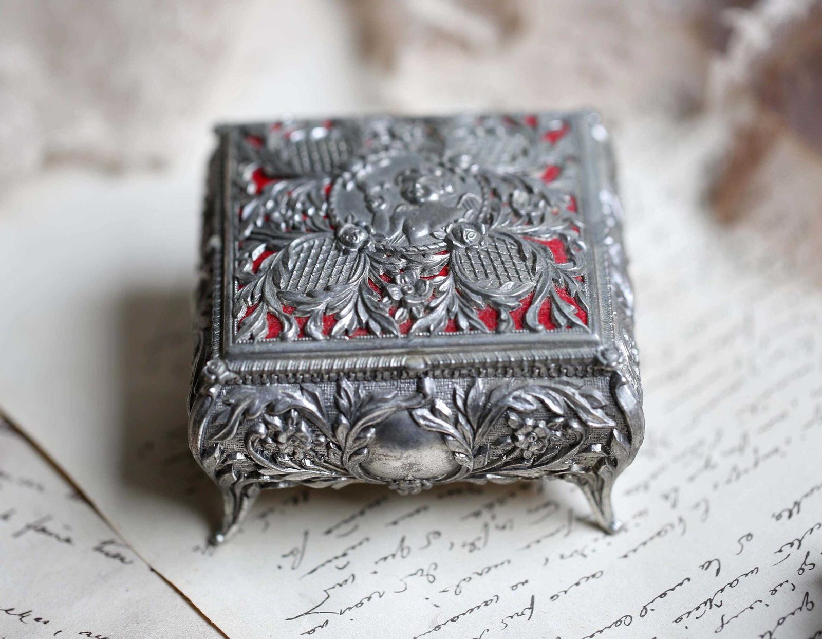 Antique French Trinket Case Jewelry Box Filigree Presentation Case Wedding Square Engagement Ring Holder photo vintage