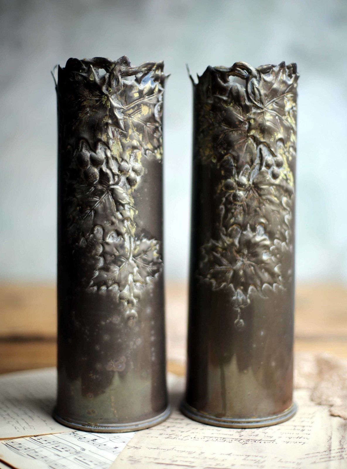 Pair Of British Antique Trench Art Vases Brass 18 Pounder Artillery Shell Cases Ww1 Holly photo furniture