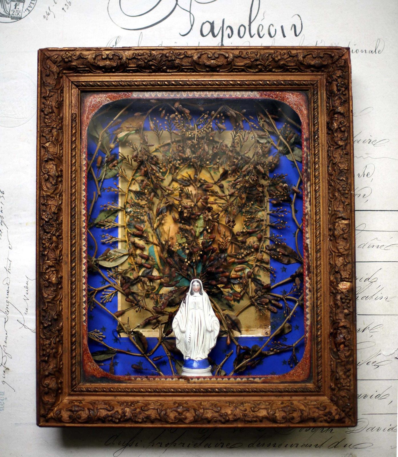 Antique French Framed Madonna Porcelain Virgin Mary Statue In A Glass Case Reliquary Display Box